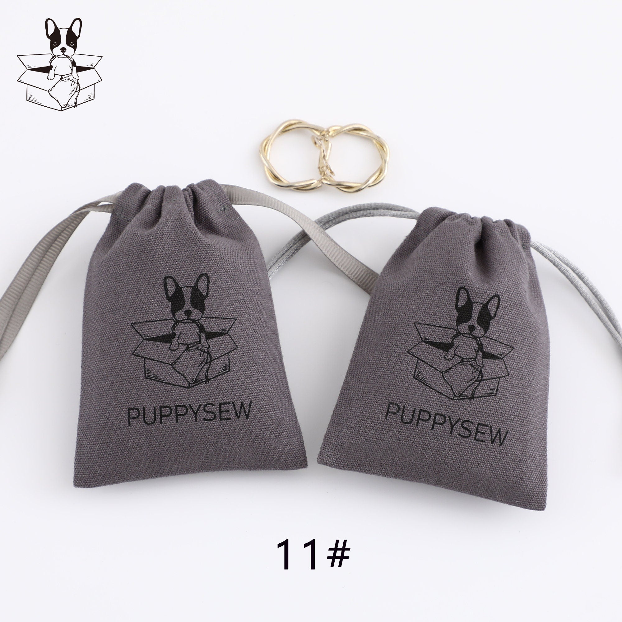 Custom Logo Dark Gray Canvas Drawstring Bag, Jewelry Packaging