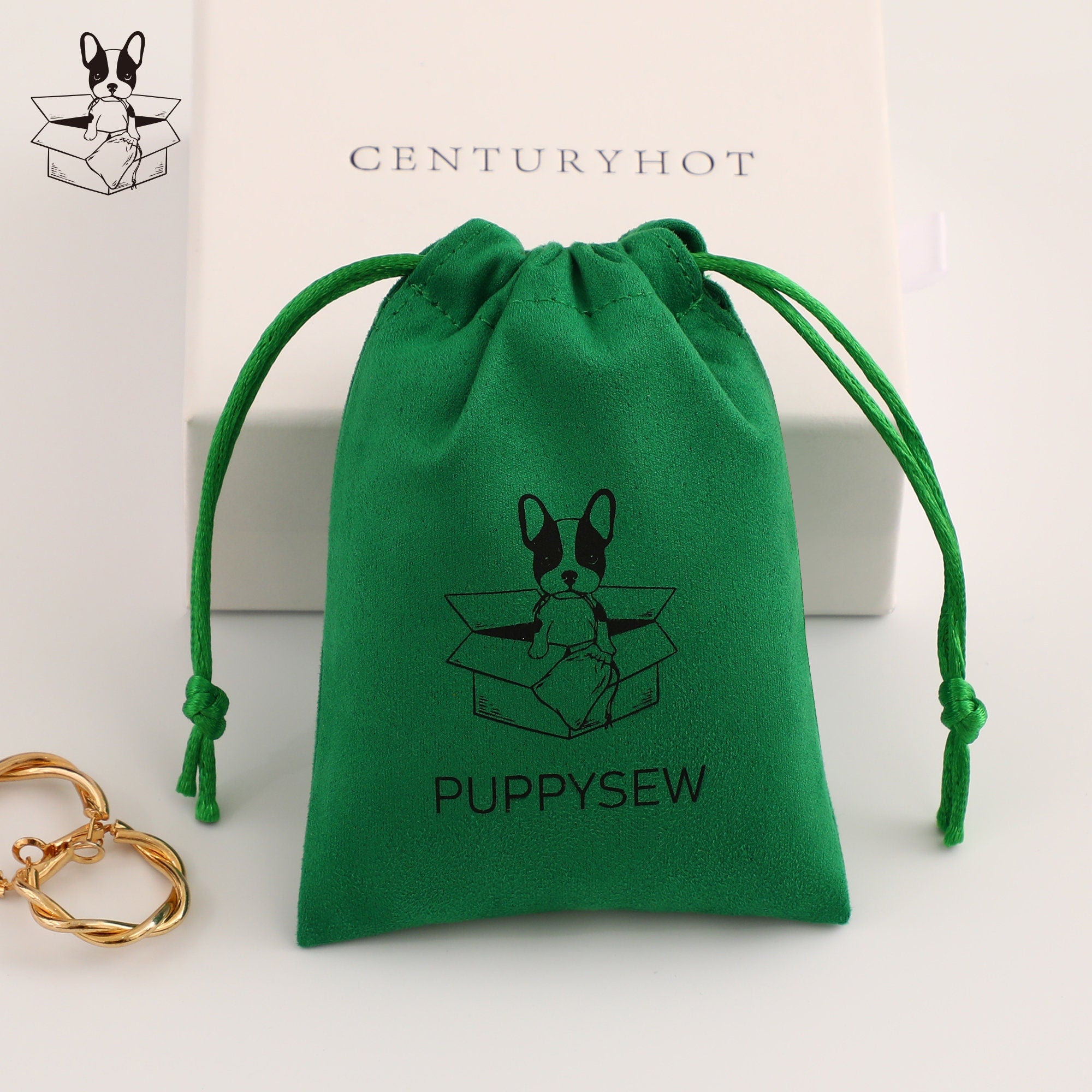 Personalized Green Suede Drawstring Bag, Custom Logo Jewelry Pouch