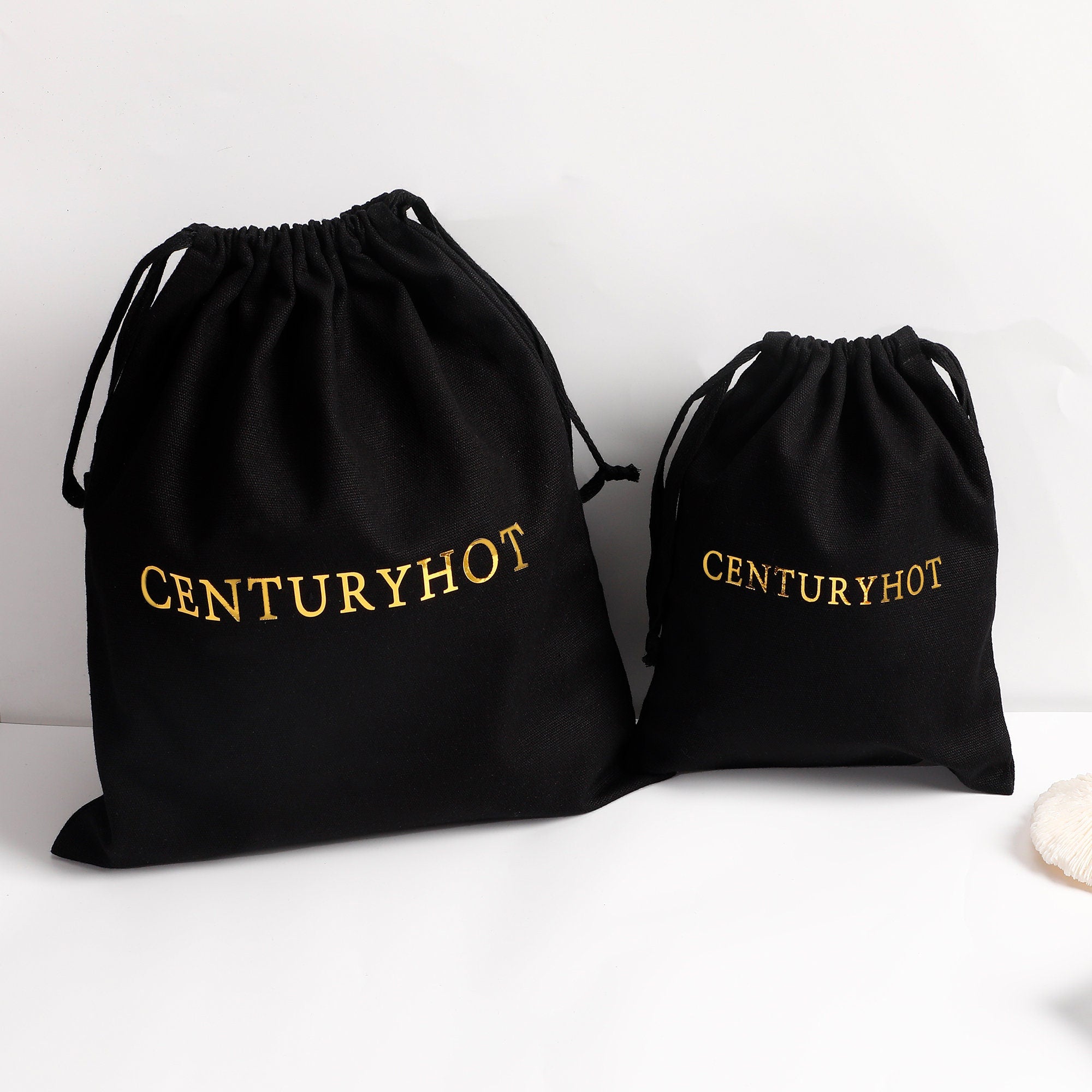 50 Black Cotton Canvas Jewelry Bags, Personalized Logo, Ribbon Drawstring Gift Bags-zoom-3