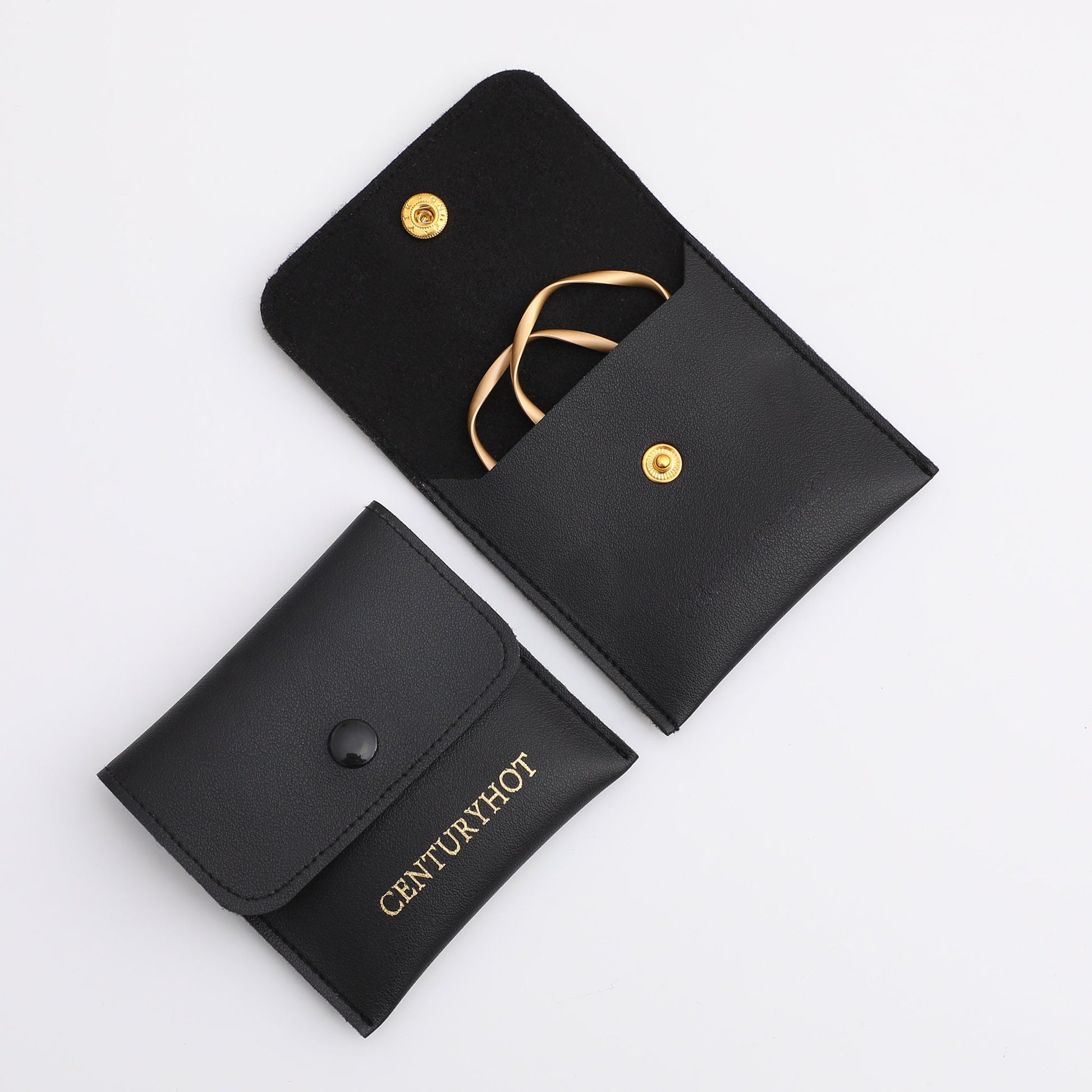 Custom Logo Black Faux Leather Jewelry Bags, Embossed Snap Bags-4