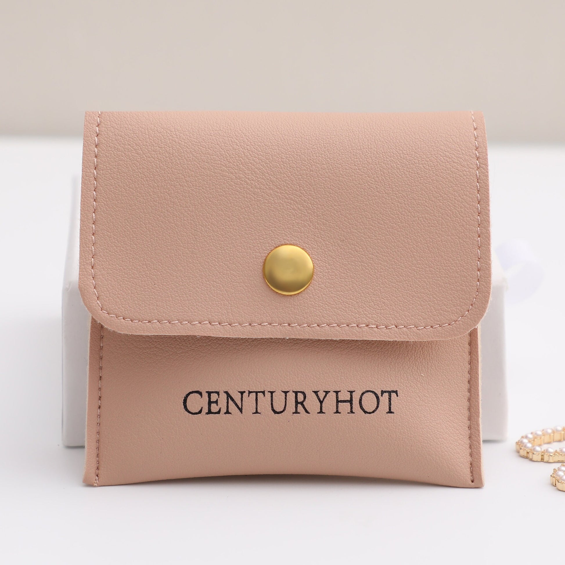 Custom Embossed Logo Jewelry Packaging Bags, Faux Leather Snap Closure-2
