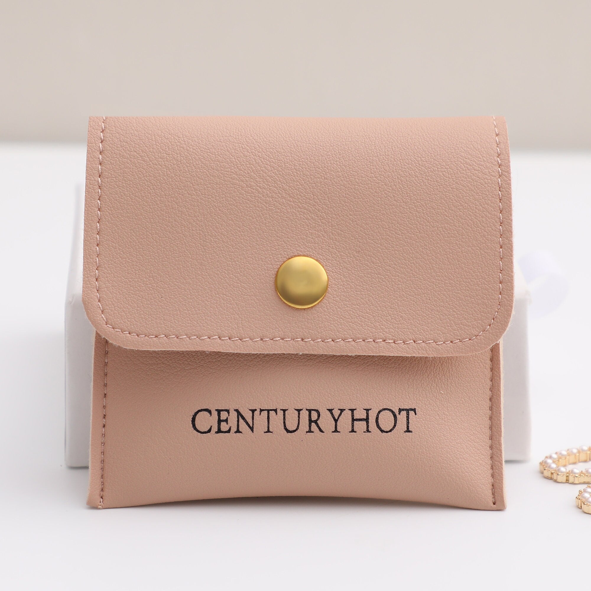 Custom Embossed Logo Jewelry Packaging Bags, Faux Leather Snap Closure