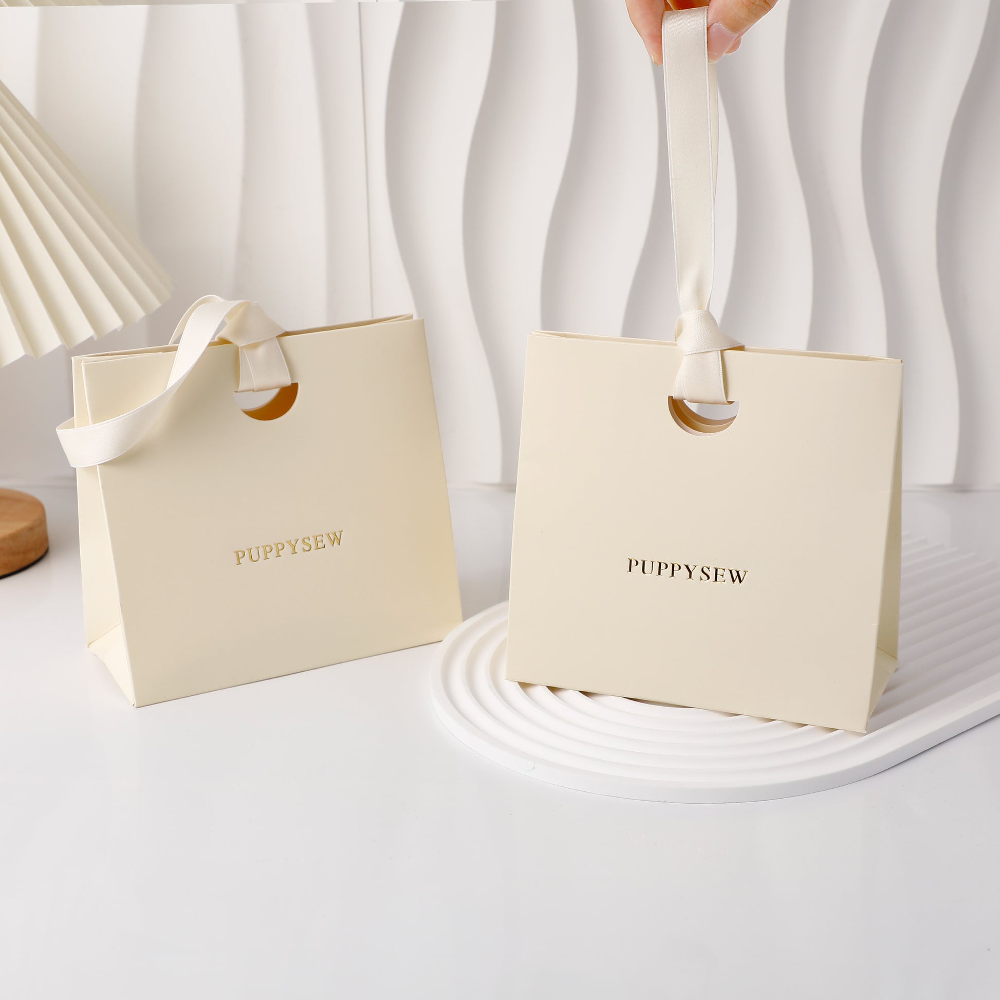 Custom Beige Ribbon Paper Bags, Luxury Boutique Packaging, Personalized Logo-5