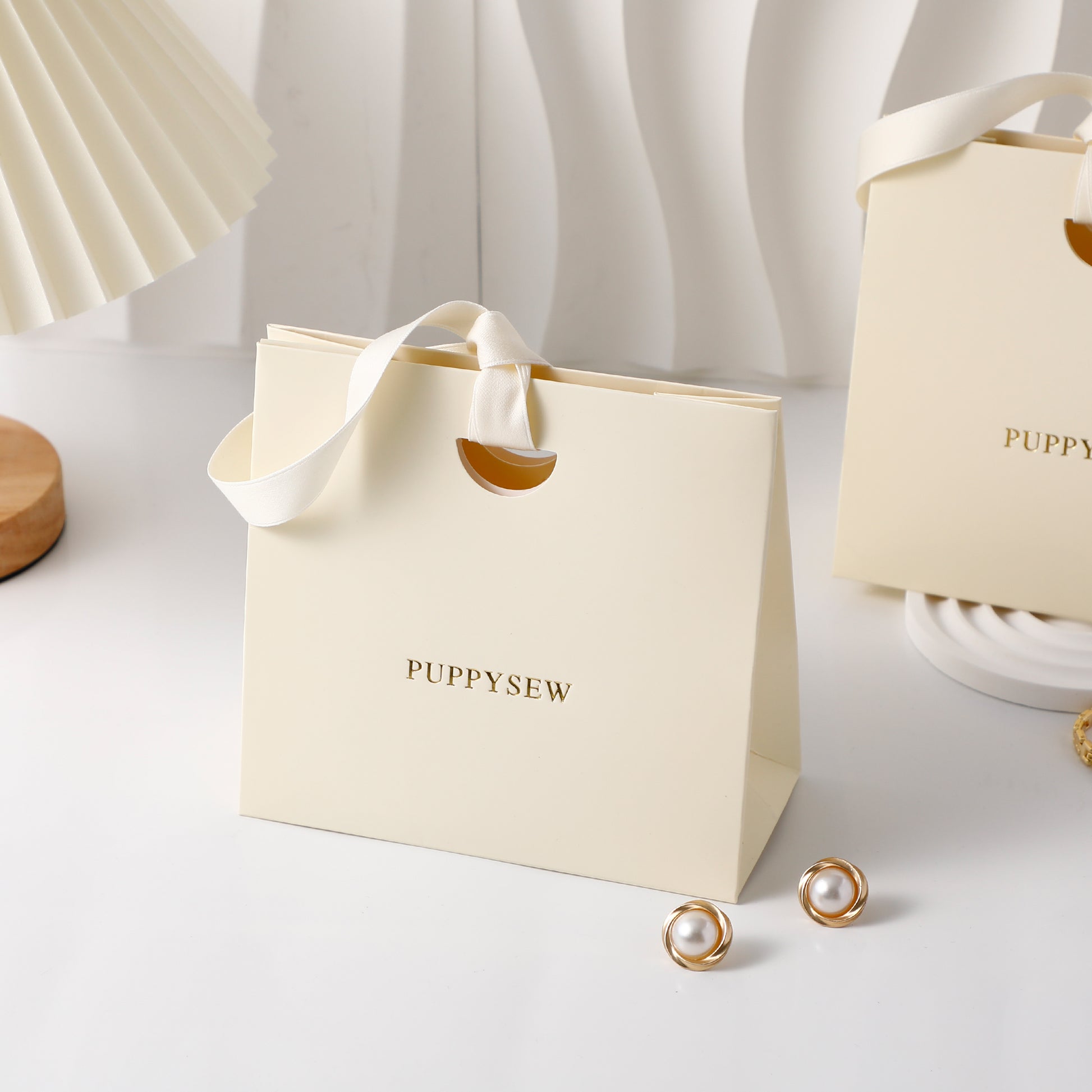 Custom Beige Ribbon Paper Bags, Luxury Boutique Packaging, Personalized Logo-7
