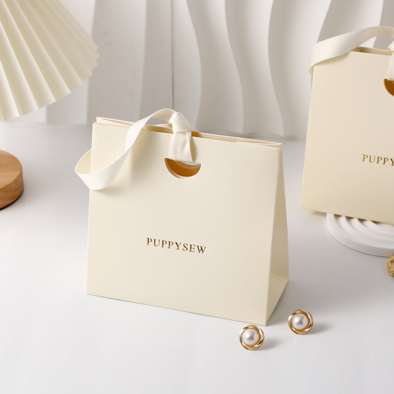 Custom Beige Ribbon Paper Bags, Luxury Boutique Packaging, Personalized Logo-zoom-