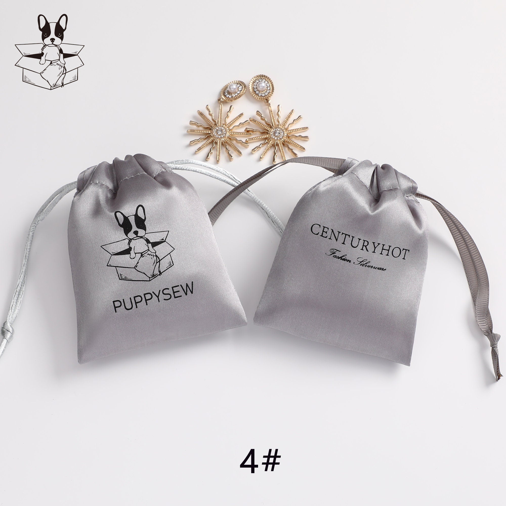 Custom Grey Satin Drawstring Pouch, Personalized Logo Jewelry Packaging