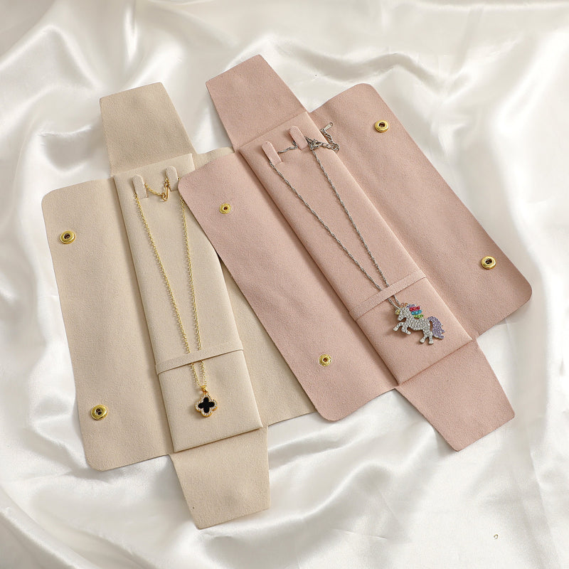 Ivory Microfiber Necklace Packaging Bag with Gold Snaps, Custom Logo-zoom-