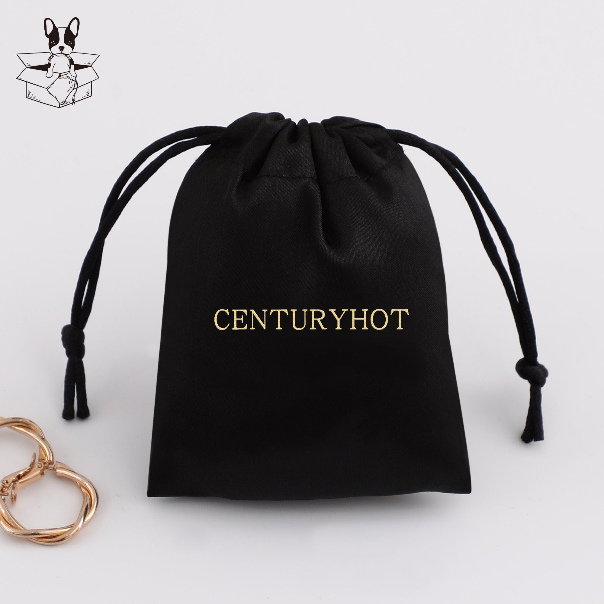 Personalized Black Satin Drawstring Bag, Custom Logo Jewelry Pouch-zoom-1