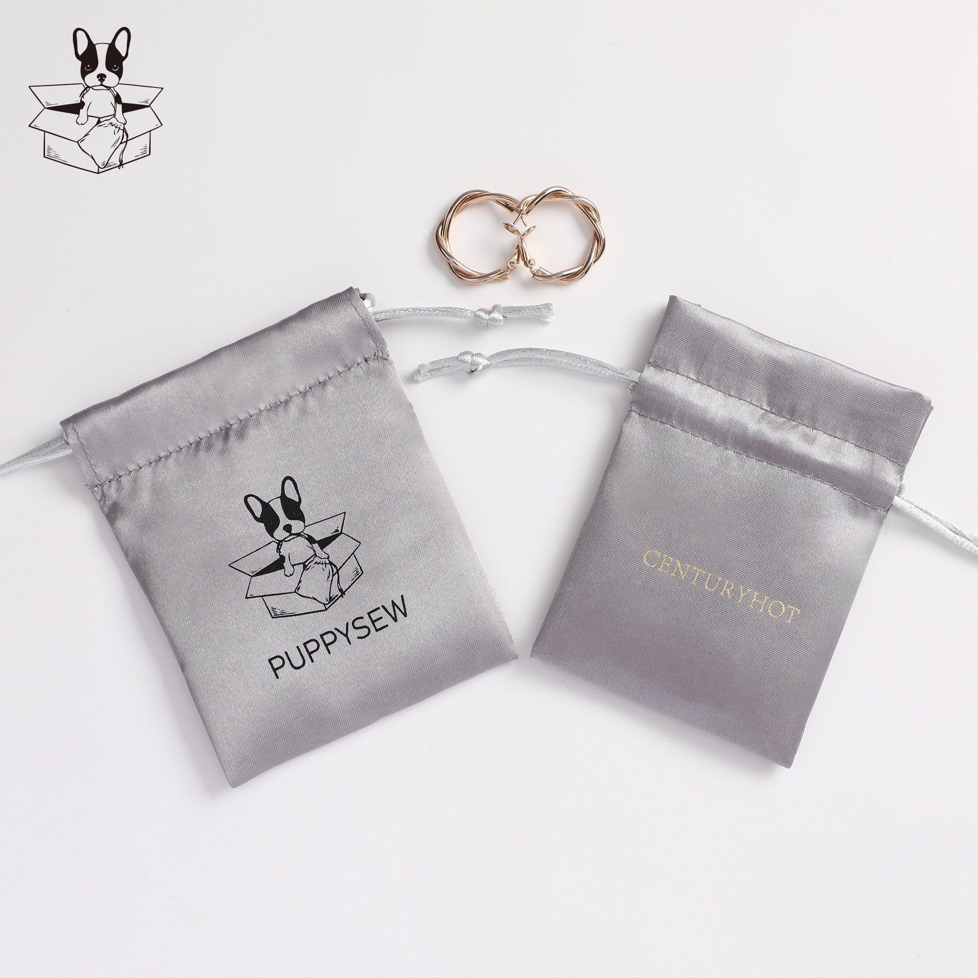 Custom Grey Satin Drawstring Pouch, Personalized Logo Jewelry Packaging-zoom-7