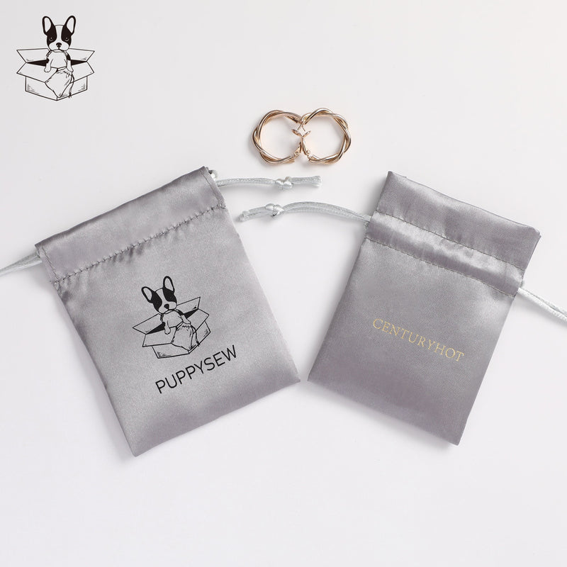 Custom Grey Satin Drawstring Pouch, Personalized Logo Jewelry Packaging-zoom-