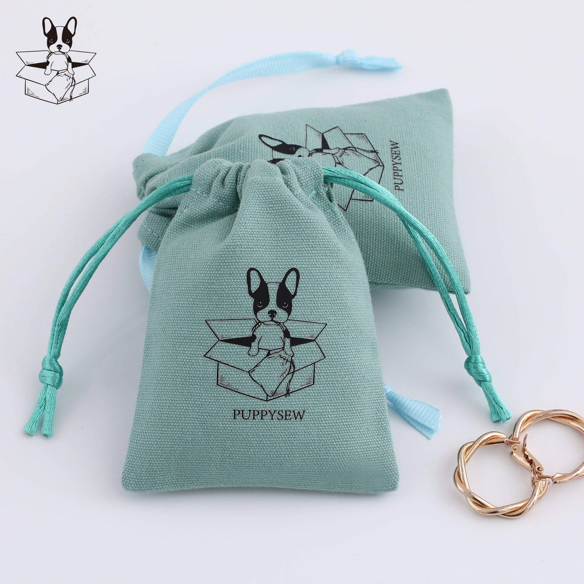 Custom Logo Cotton Canvas Jewelry Packaging Bags, Ribbon Drawstring Gift Bags-1
