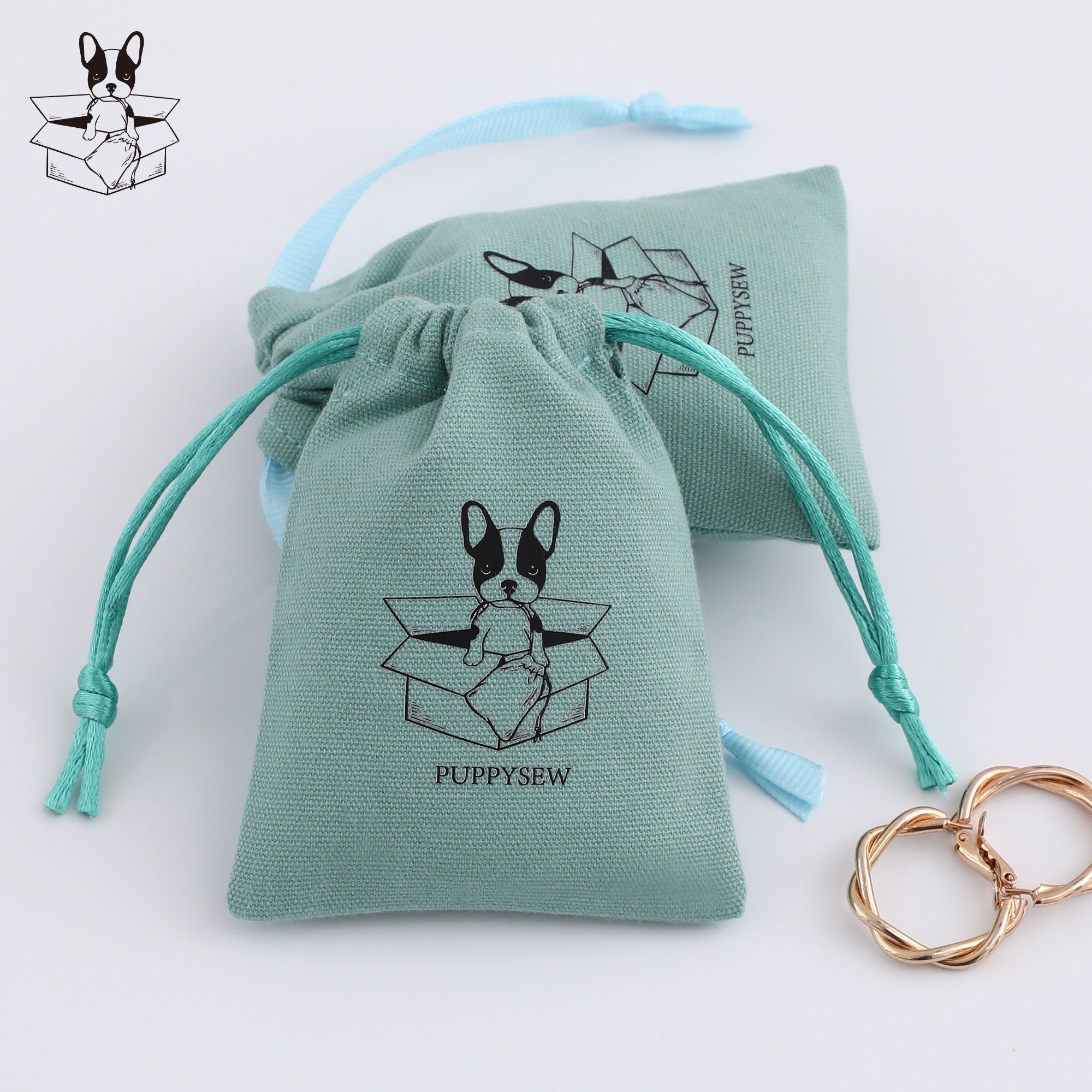 Custom Logo Cotton Canvas Jewelry Packaging Bags, Ribbon Drawstring Gift Bags-zoom-1