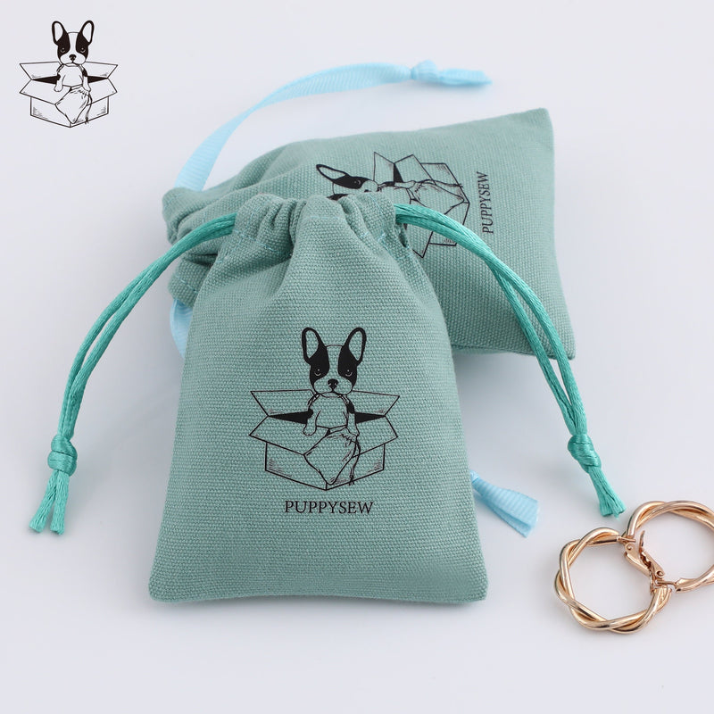 Custom Logo Cotton Canvas Jewelry Packaging Bags, Ribbon Drawstring Gift Bags-zoom-