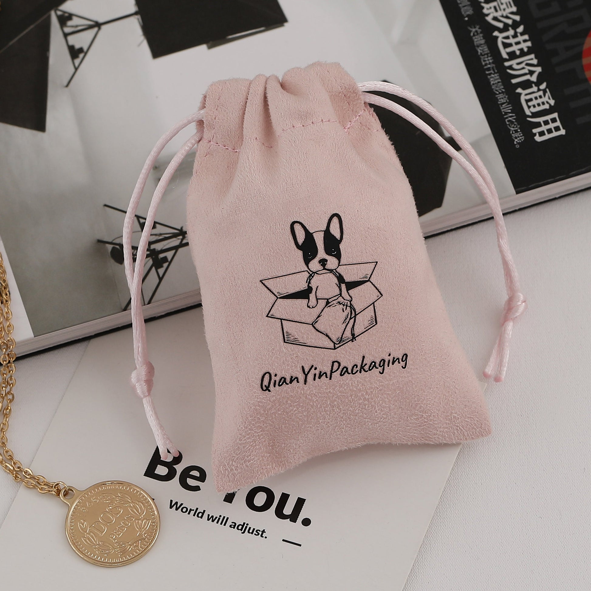 Custom Logo White Drawstring Suede Bag, Jewelry Packaging-10