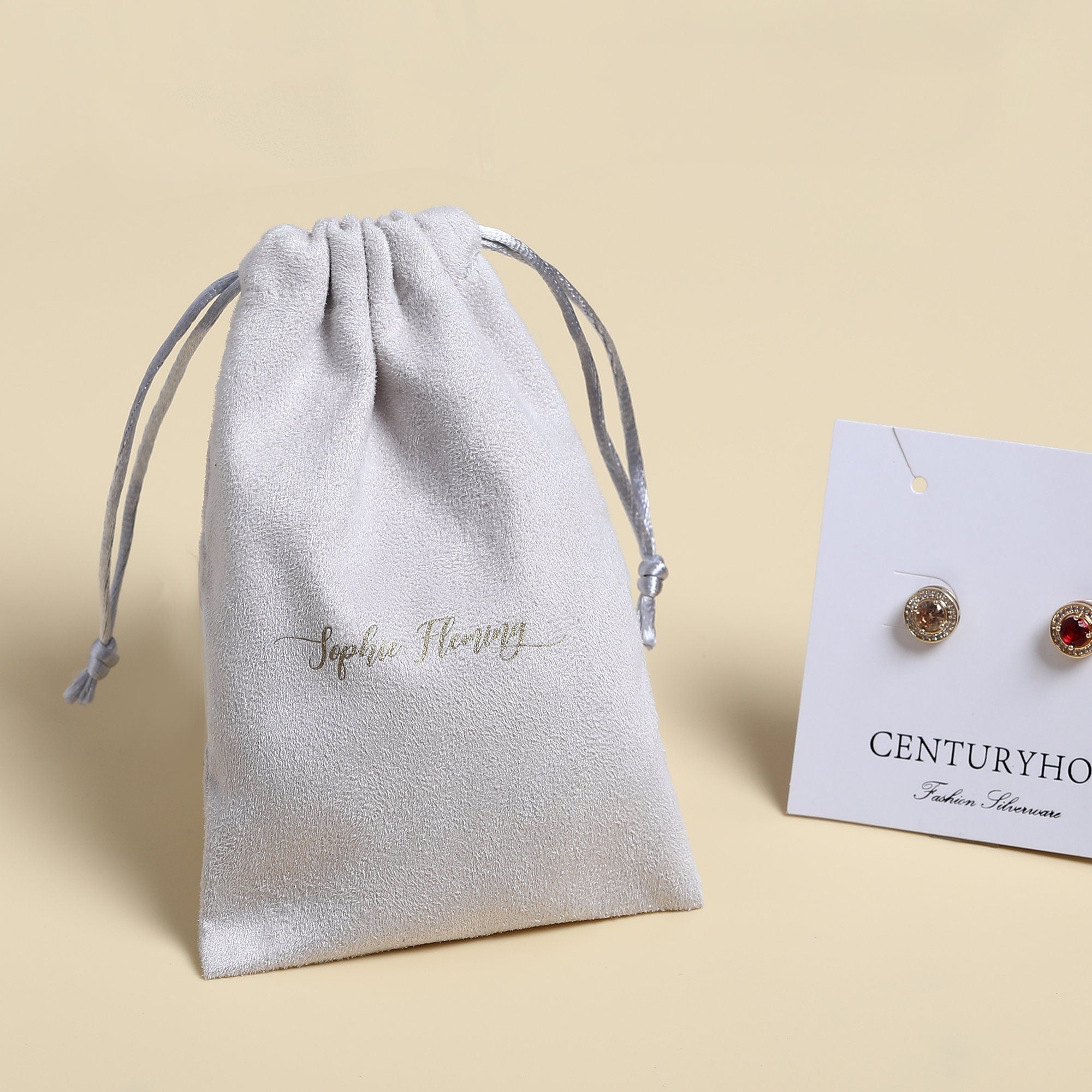 Personalized Gray Flannel Drawstring Bag, Custom Logo Jewelry Packaging-zoom-7