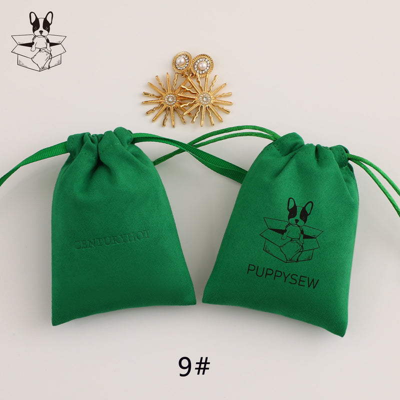 Personalized Green Suede Drawstring Bag, Custom Logo Jewelry Pouch-zoom-