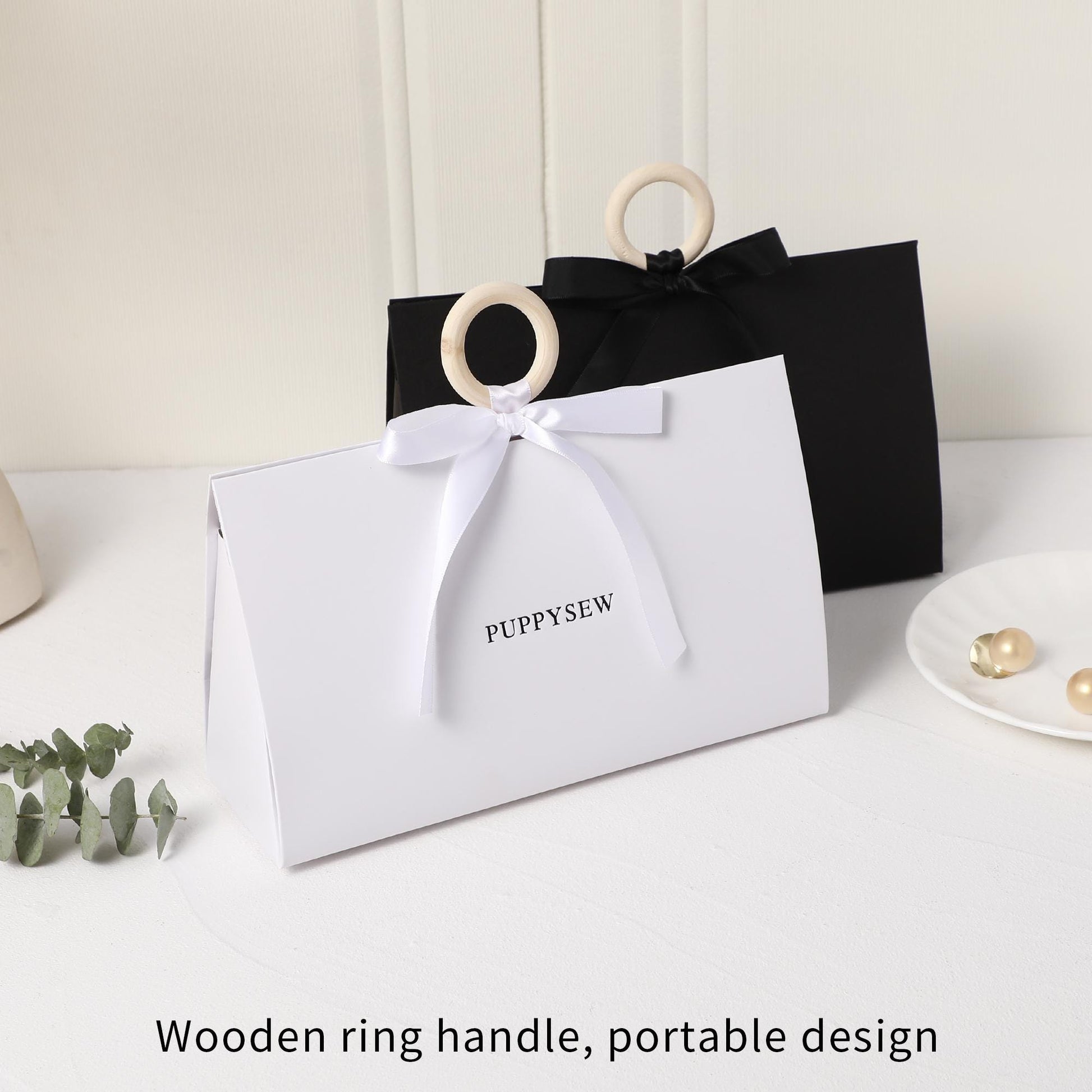 Elegant Wedding Favor Bags, Wood Ring Handles, Ribbon Bows (22x13x7.5cm)-4