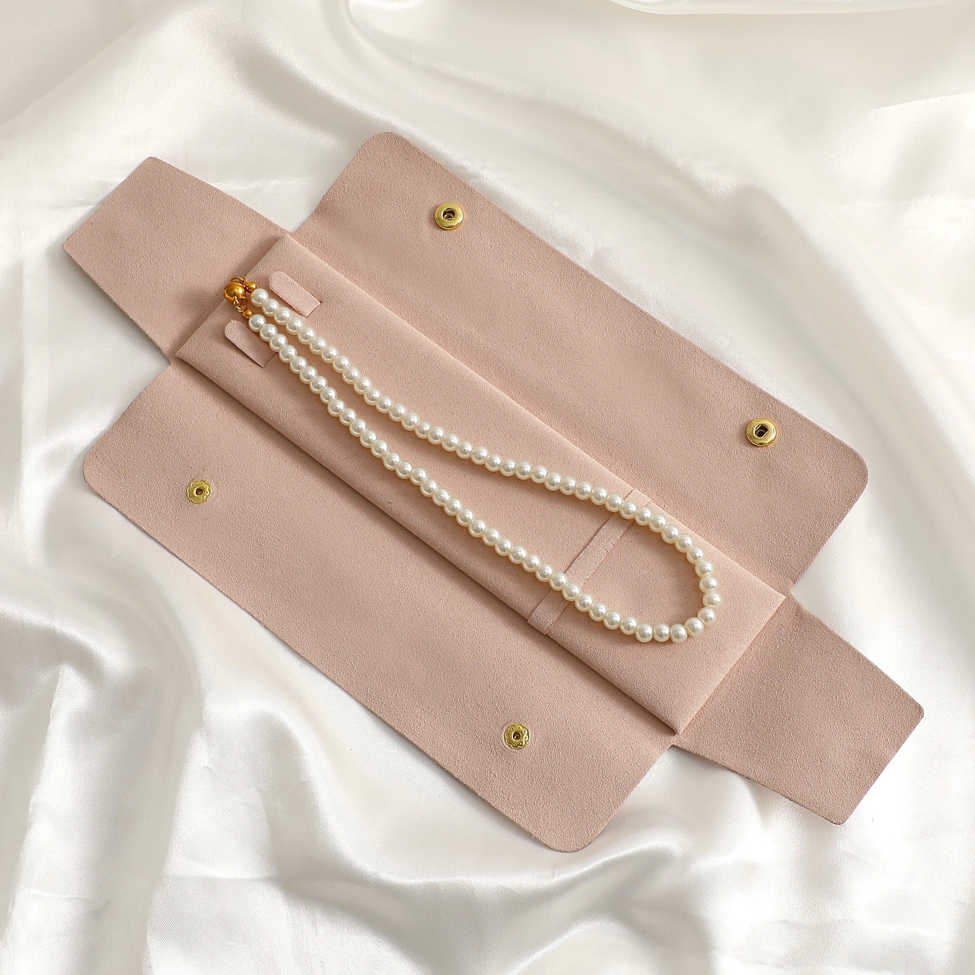 Ivory Microfiber Necklace Packaging Bag with Gold Snaps, Custom Logo-zoom-10