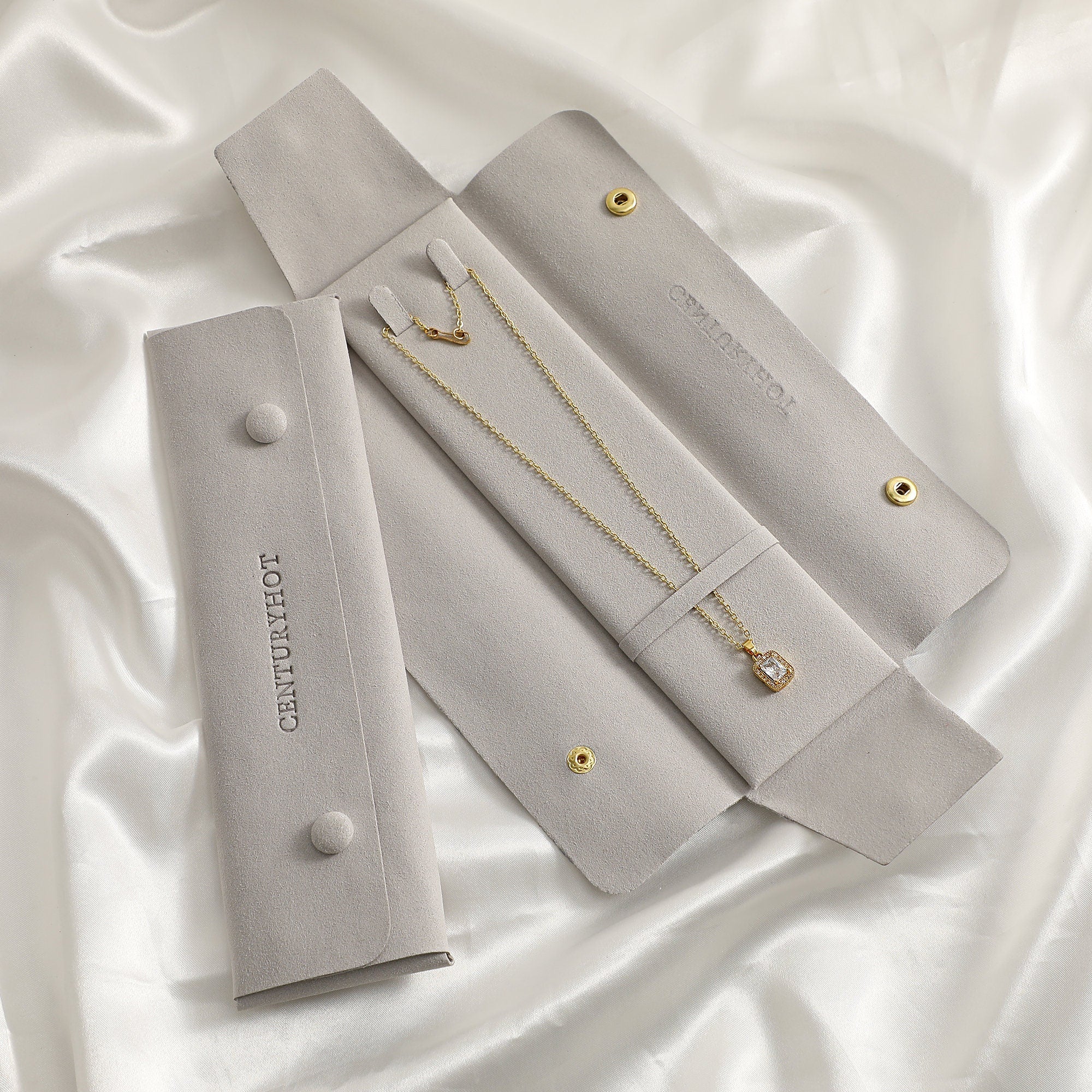 Ivory Microfiber Necklace Packaging Bag with Gold Snaps, Custom Logo-zoom-8