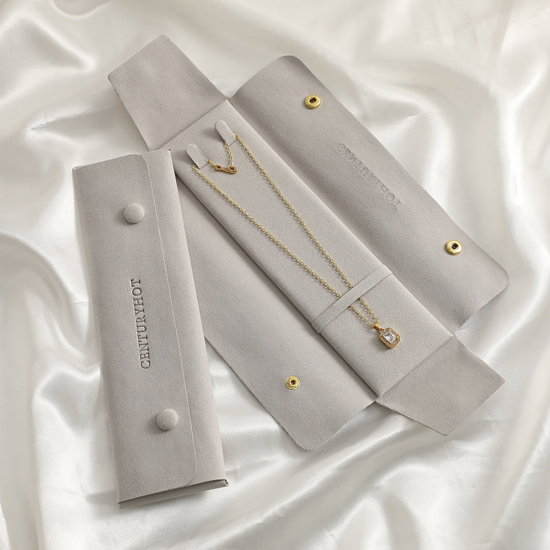 Ivory Microfiber Necklace Packaging Bag with Gold Snaps, Custom Logo-zoom-