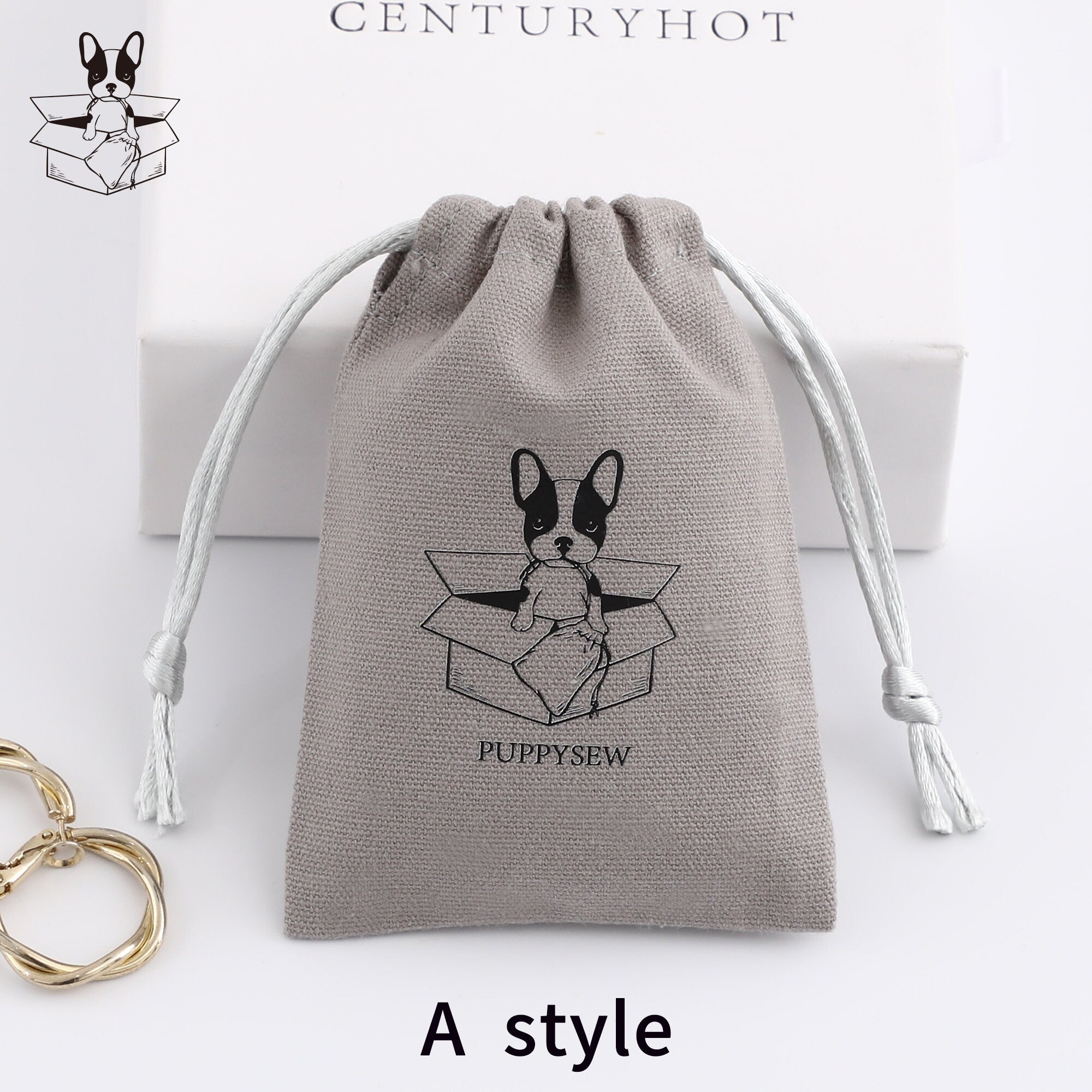 Custom Printed Canvas Drawstring Bag, Jewelry Packaging, Light Grey, 50pcs