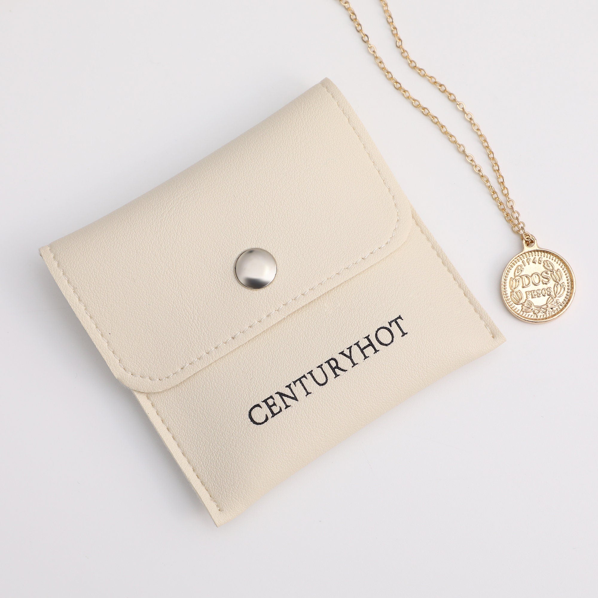 50 Faux Leather Bag Cream Jewelry pouch, Snap Pocket, Custom Logo PU Bag-zoom-3