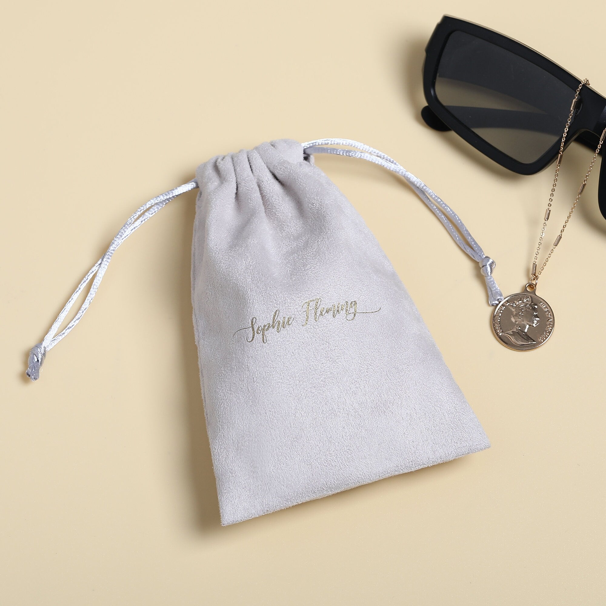 Personalized Gray Flannel Drawstring Bag, Custom Logo Jewelry Packaging-zoom-10