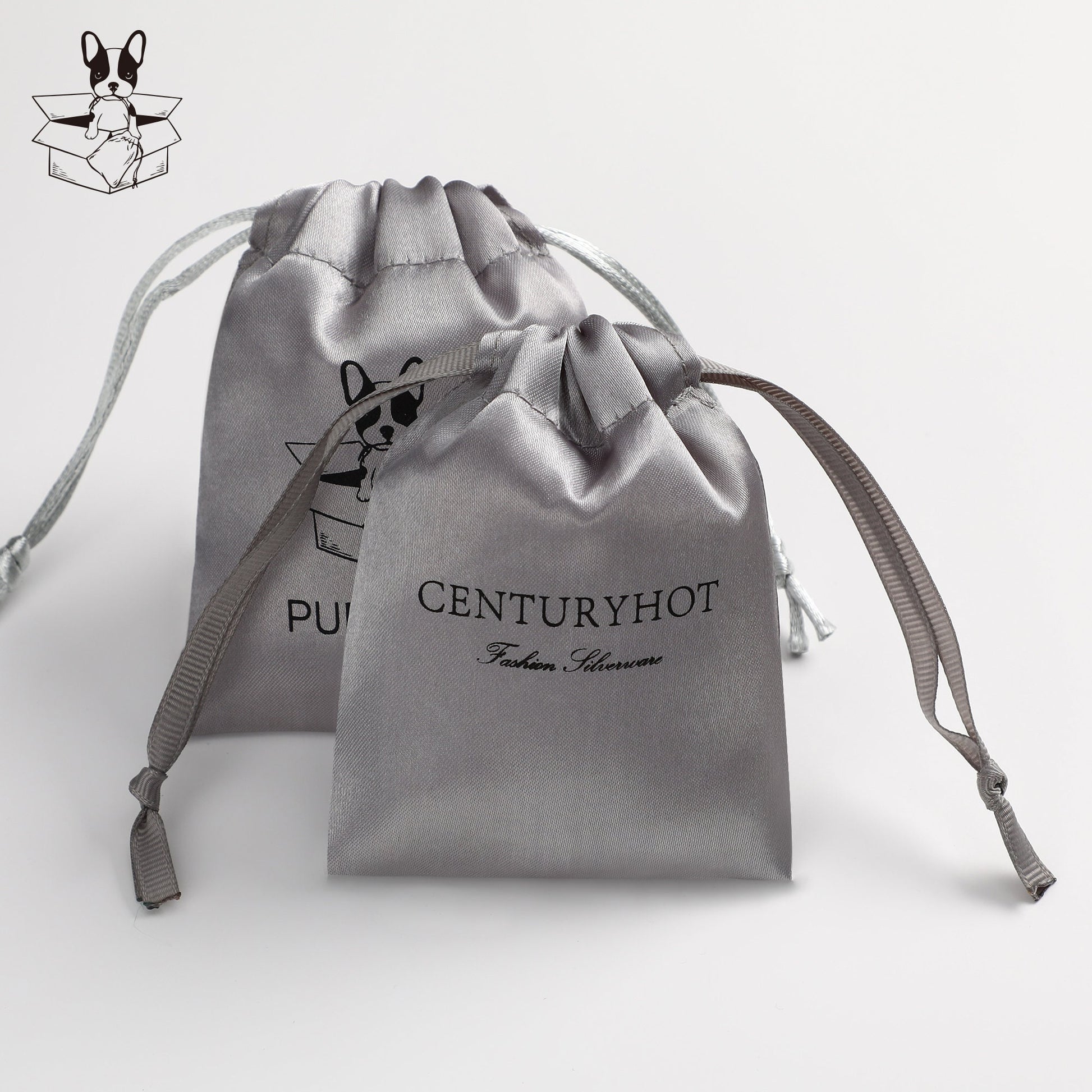 Custom Grey Satin Drawstring Pouch, Personalized Logo Jewelry Packaging-6