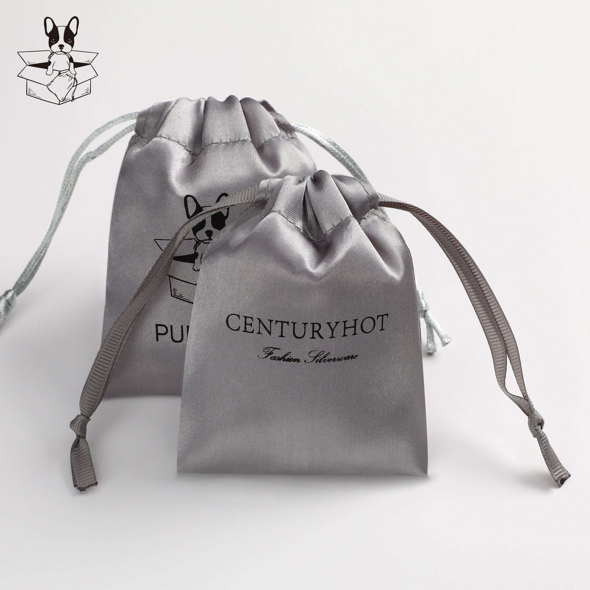 Custom Grey Satin Drawstring Pouch, Personalized Logo Jewelry Packaging-zoom-6