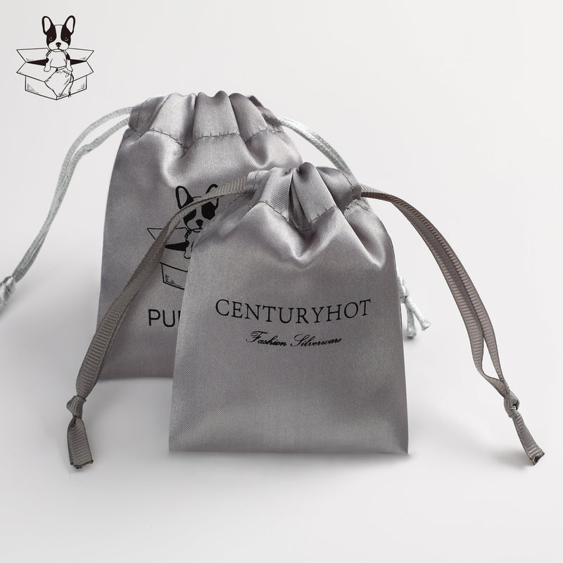 Custom Grey Satin Drawstring Pouch, Personalized Logo Jewelry Packaging-zoom-