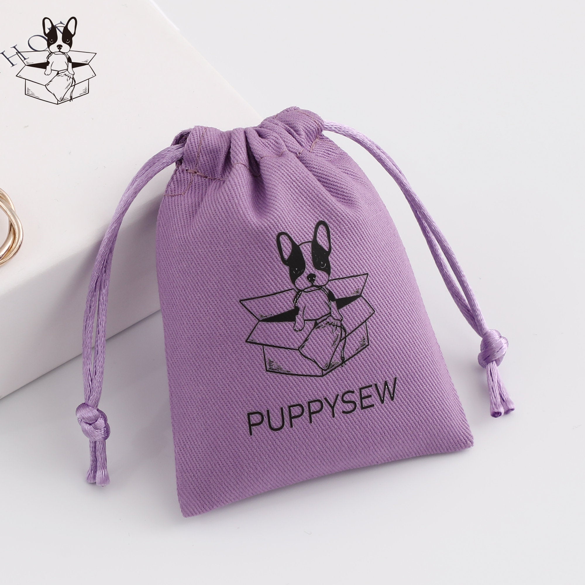 Purple Cotton Drawstring Pouch, Personalized Logo, Jewelry Packaging