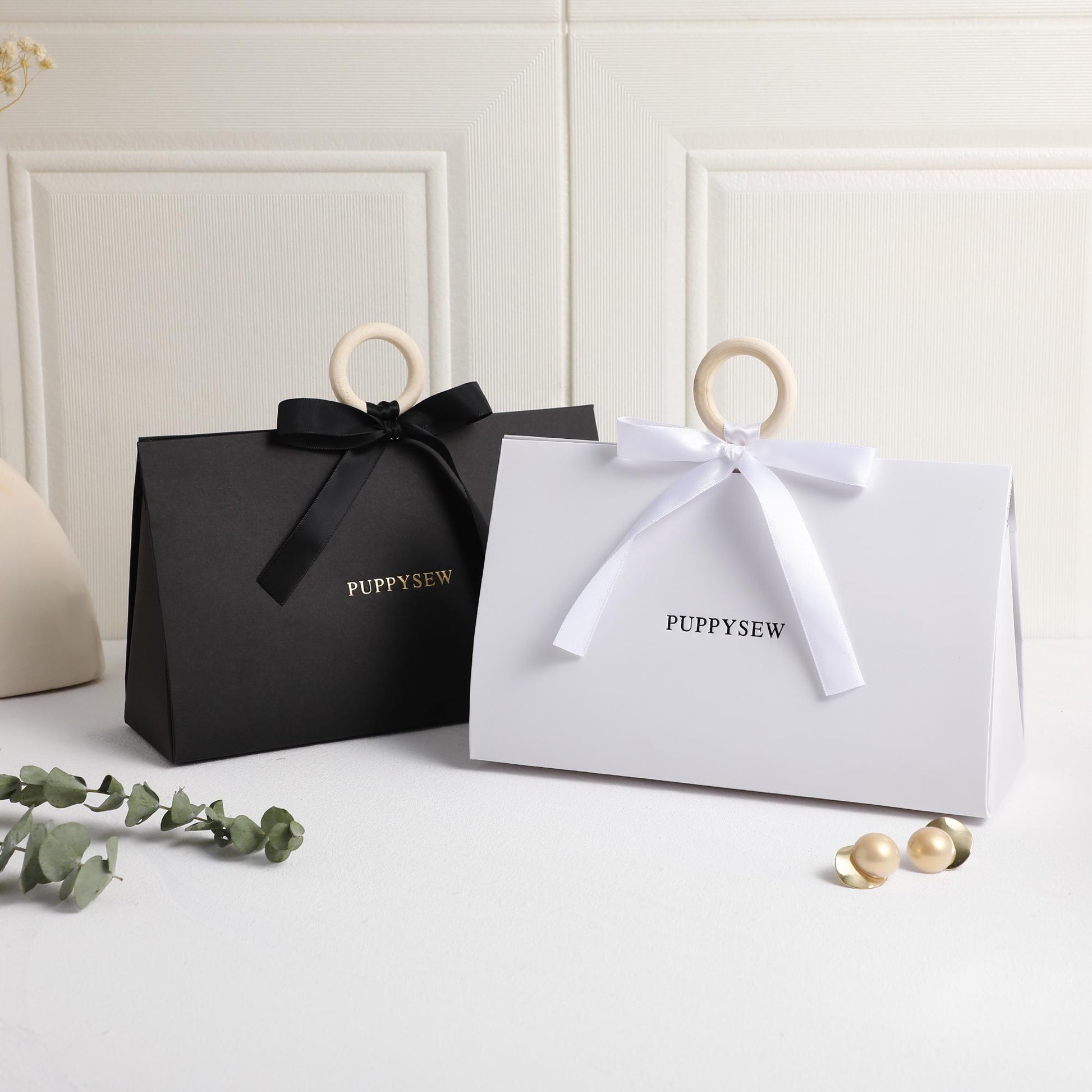 Elegant Wedding Favor Bags, Wood Ring Handles, Ribbon Bows (22x13x7.5cm)-6