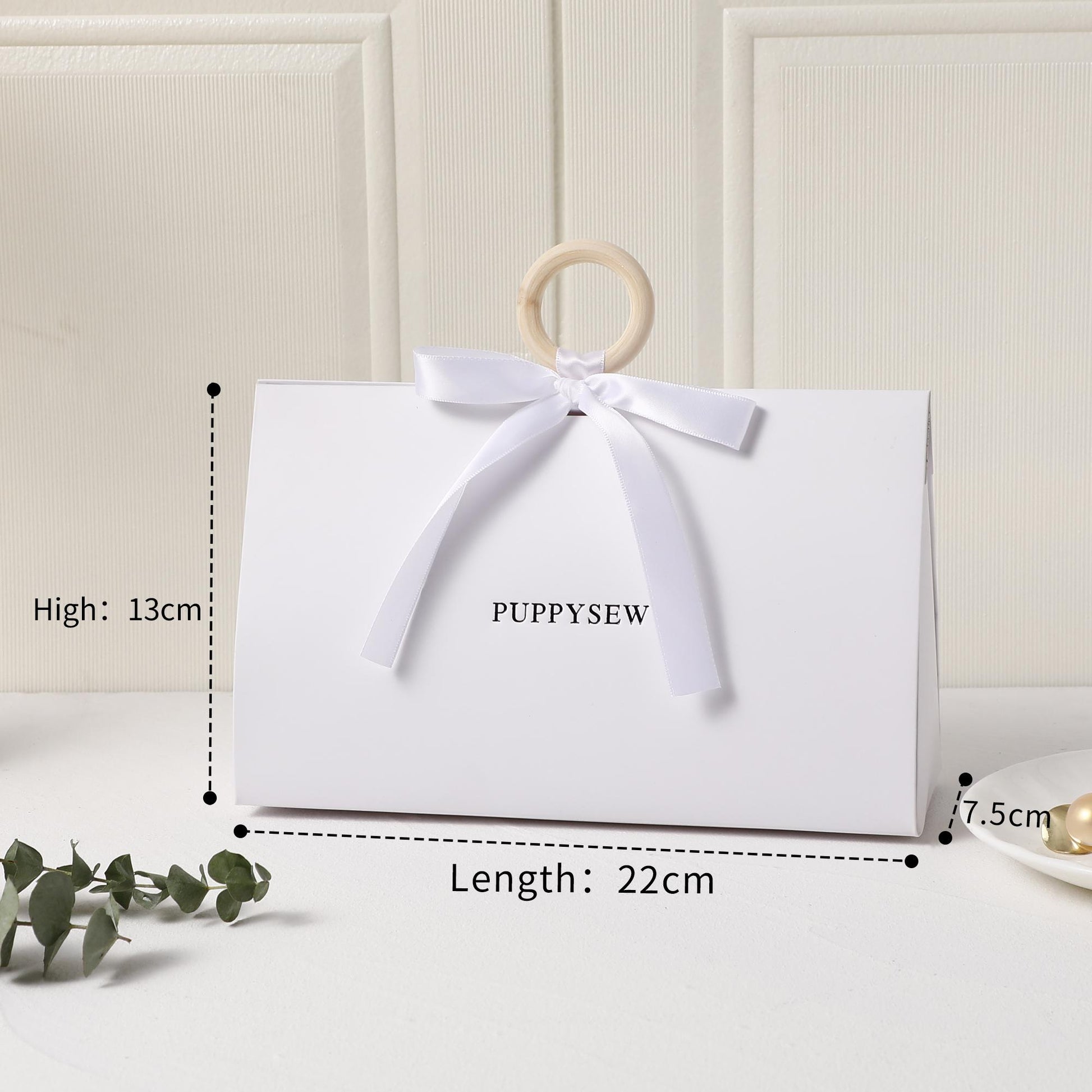 Elegant Wedding Favor Bags, Wood Ring Handles, Ribbon Bows (22x13x7.5cm)-5
