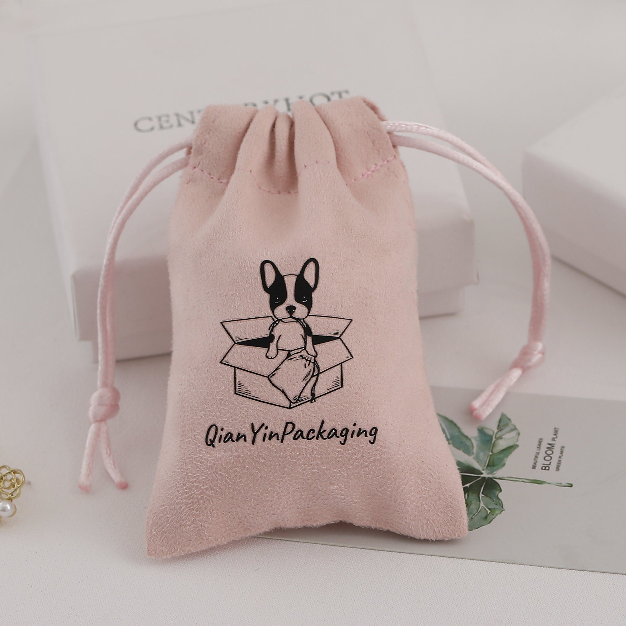Personalized Pink Suede Drawstring Bag: Custom Logo Jewelry Pouch-zoom-8