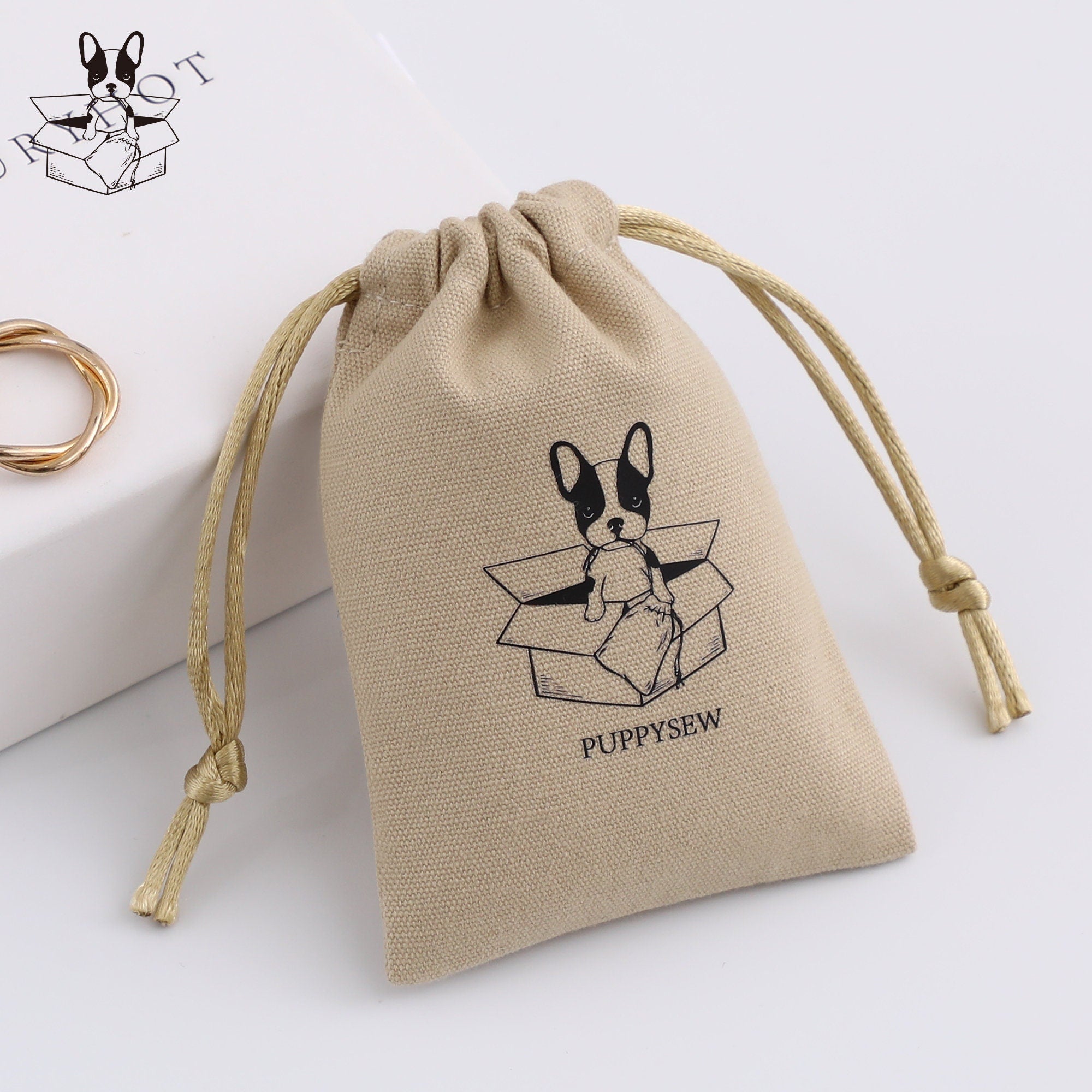Custom Logo Cotton Canvas Jewelry Packaging Bags, Ribbon Drawstring Gift Bags-zoom-9