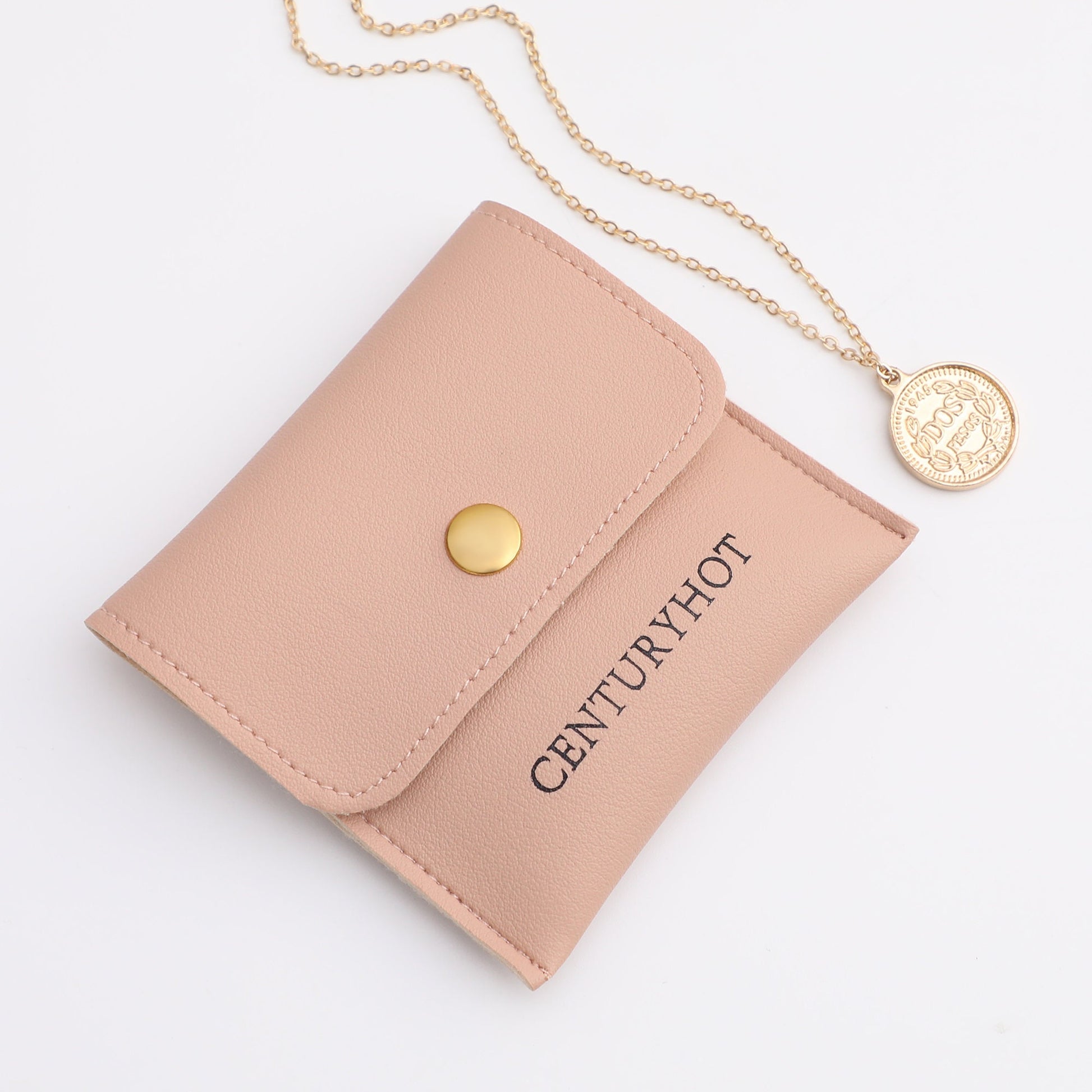 Custom Embossed Logo Jewelry Packaging Bags, Faux Leather Snap Closure-5