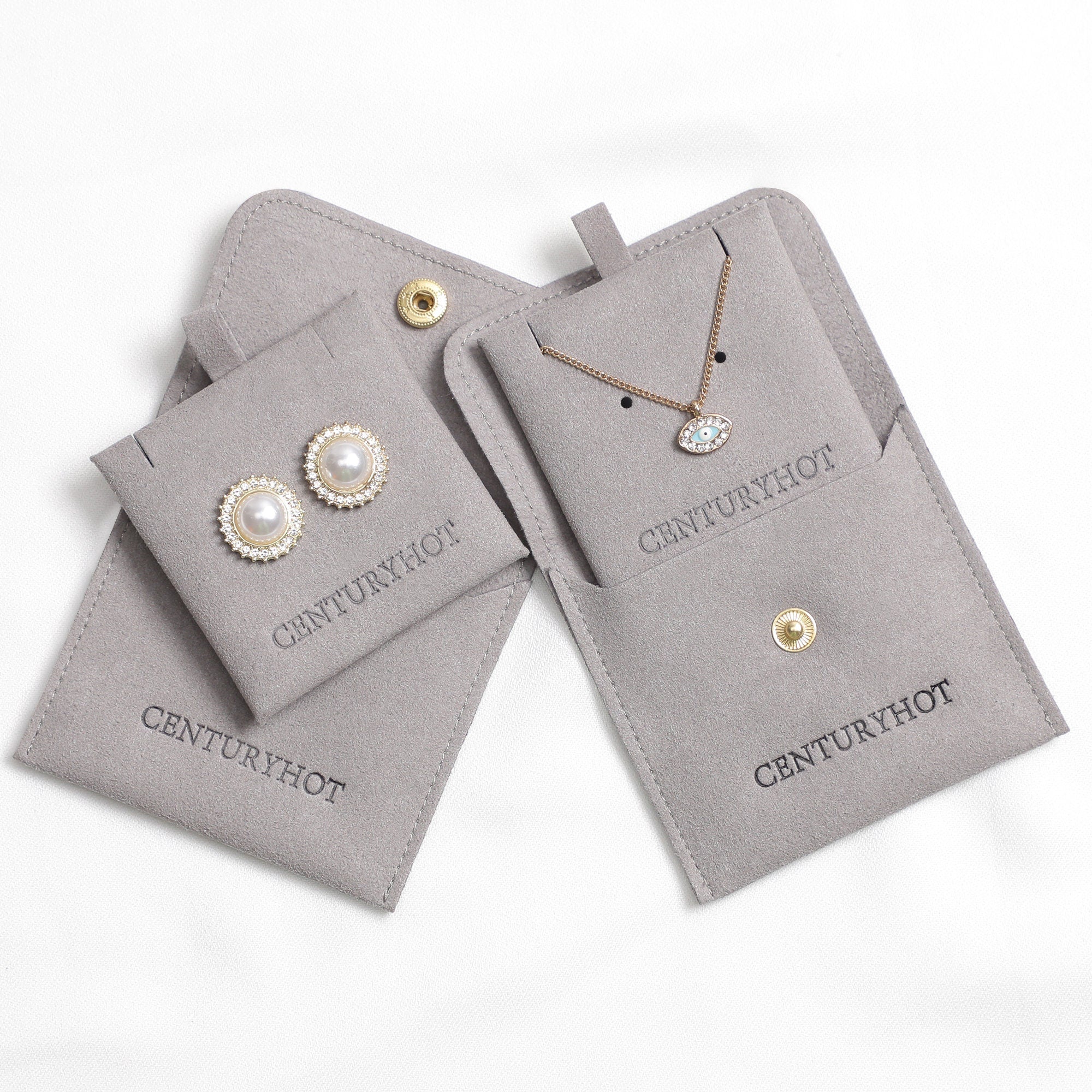 50 Gray Microfiber Jewelry Packaging Bags: Custom Logo, Snap Closure