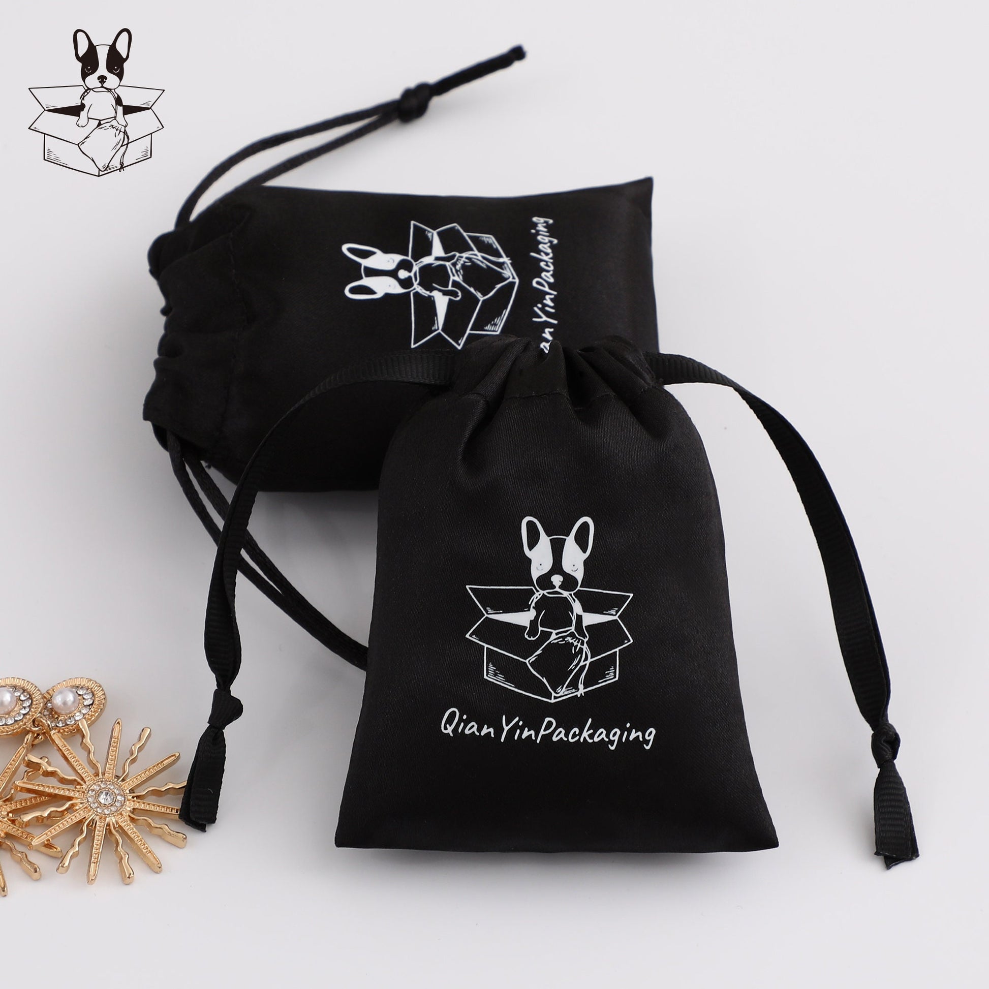 Personalized Black Satin Drawstring Bag, Custom Logo Jewelry Pouch-4