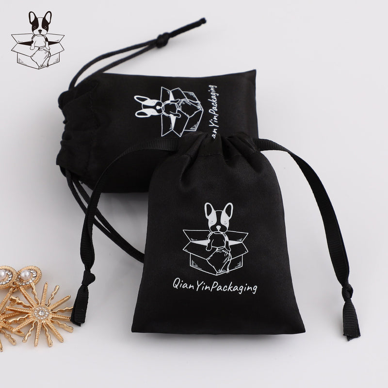 Personalized Black Satin Drawstring Bag, Custom Logo Jewelry Pouch-zoom-