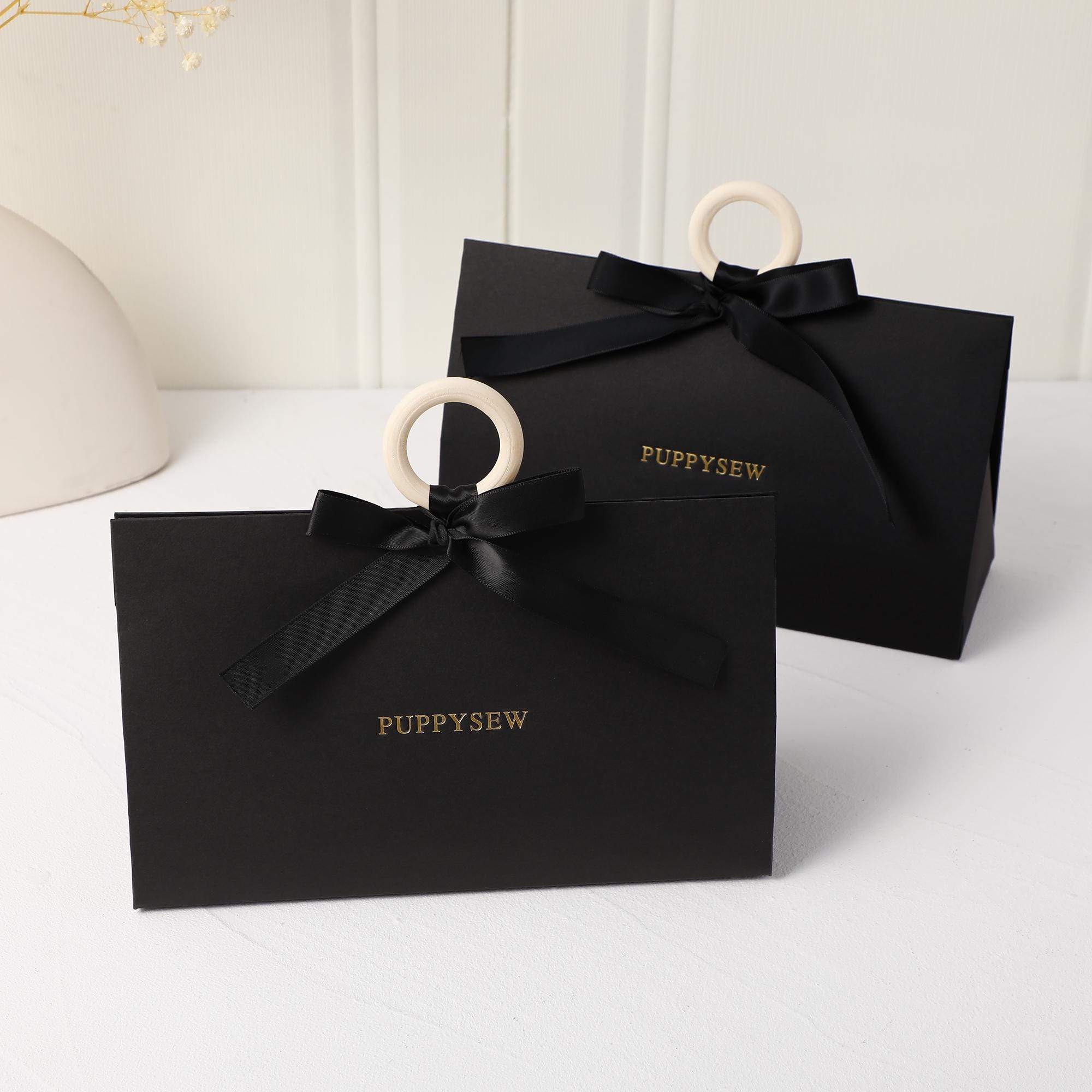 Elegant Wedding Favor Bags, Wood Ring Handles, Ribbon Bows (22x13x7.5cm)-zoom-10