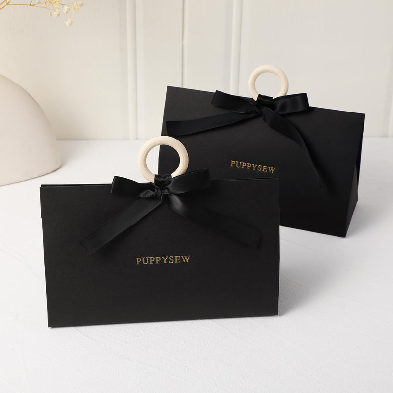 Elegant Wedding Favor Bags, Wood Ring Handles, Ribbon Bows (22x13x7.5cm)-zoom-