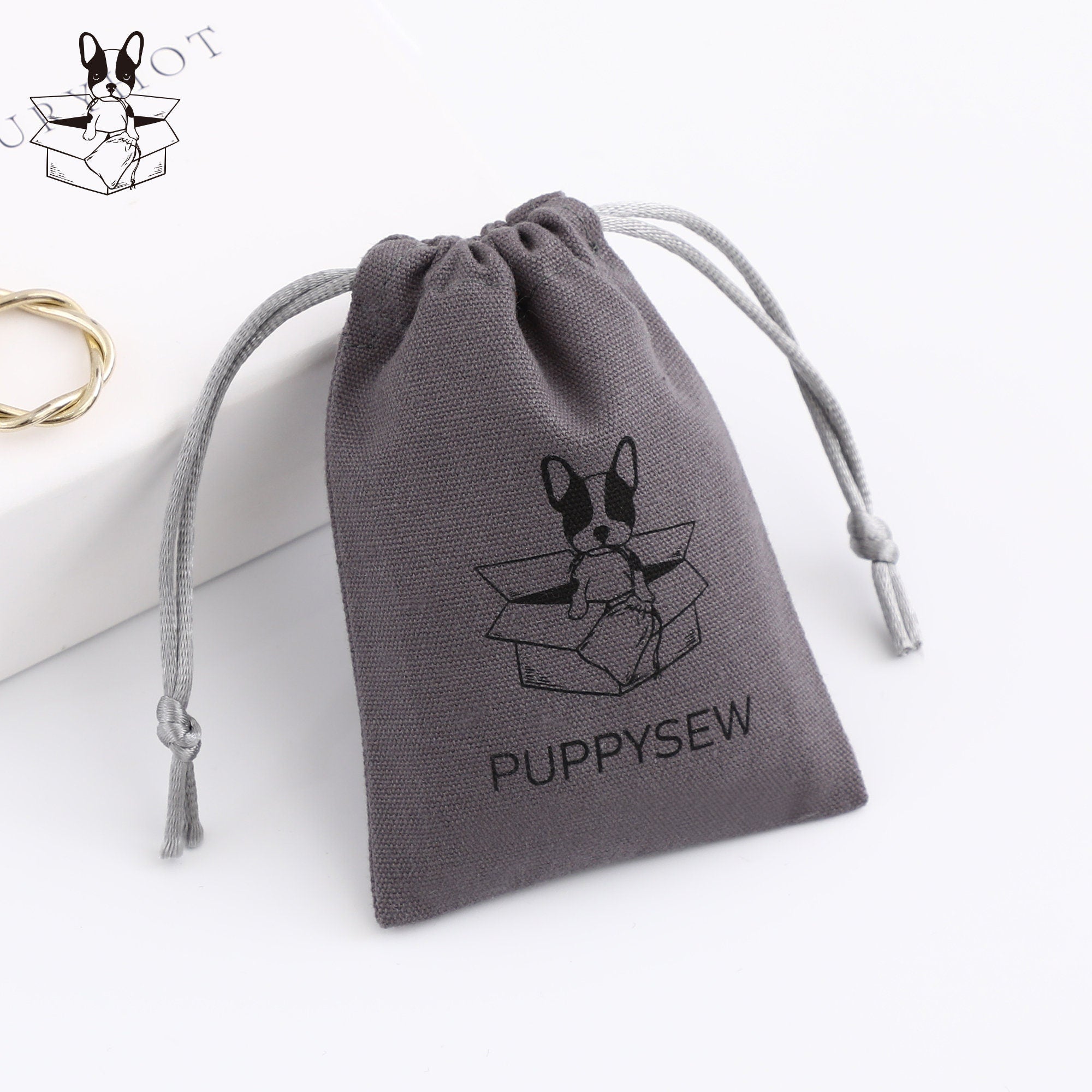 Custom Logo Dark Gray Canvas Drawstring Bag, Jewelry Packaging-zoom-1