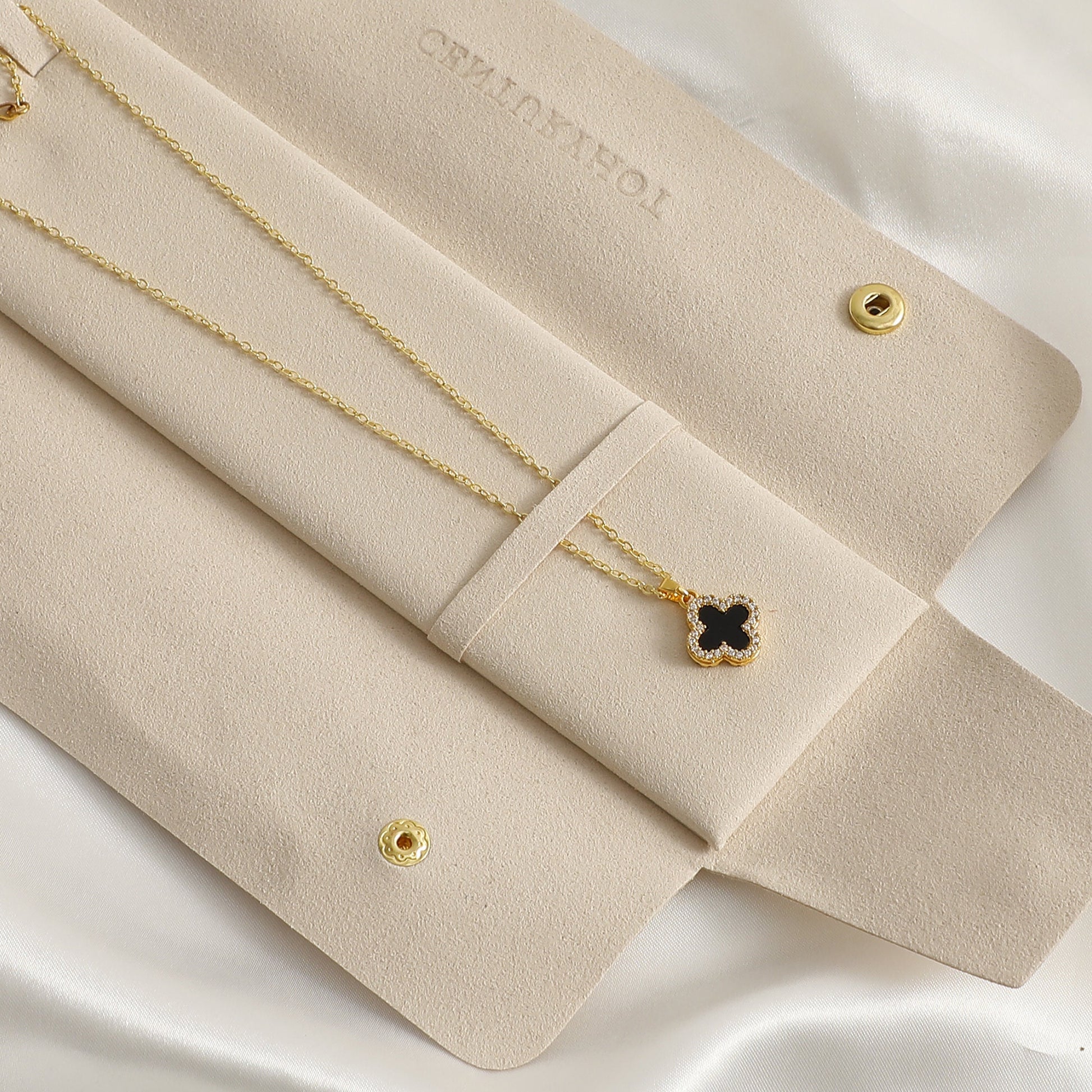 Ivory Microfiber Necklace Packaging Bag with Gold Snaps, Custom Logo-4