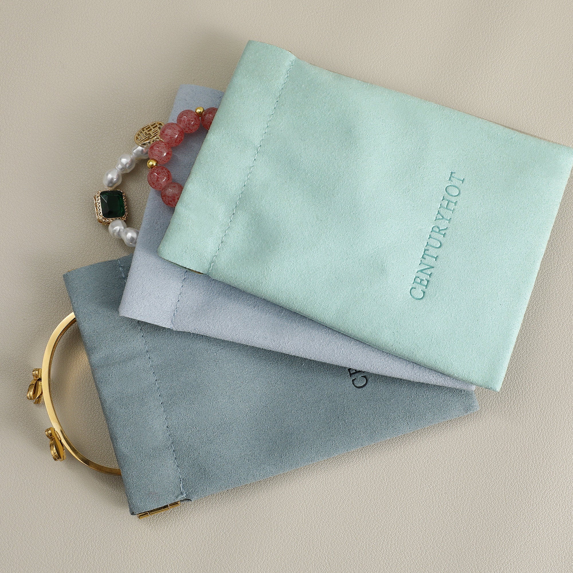 50 Green Microfiber Bag, Custom Logo Spring Buckle, Lipstick Jewelry Pouch