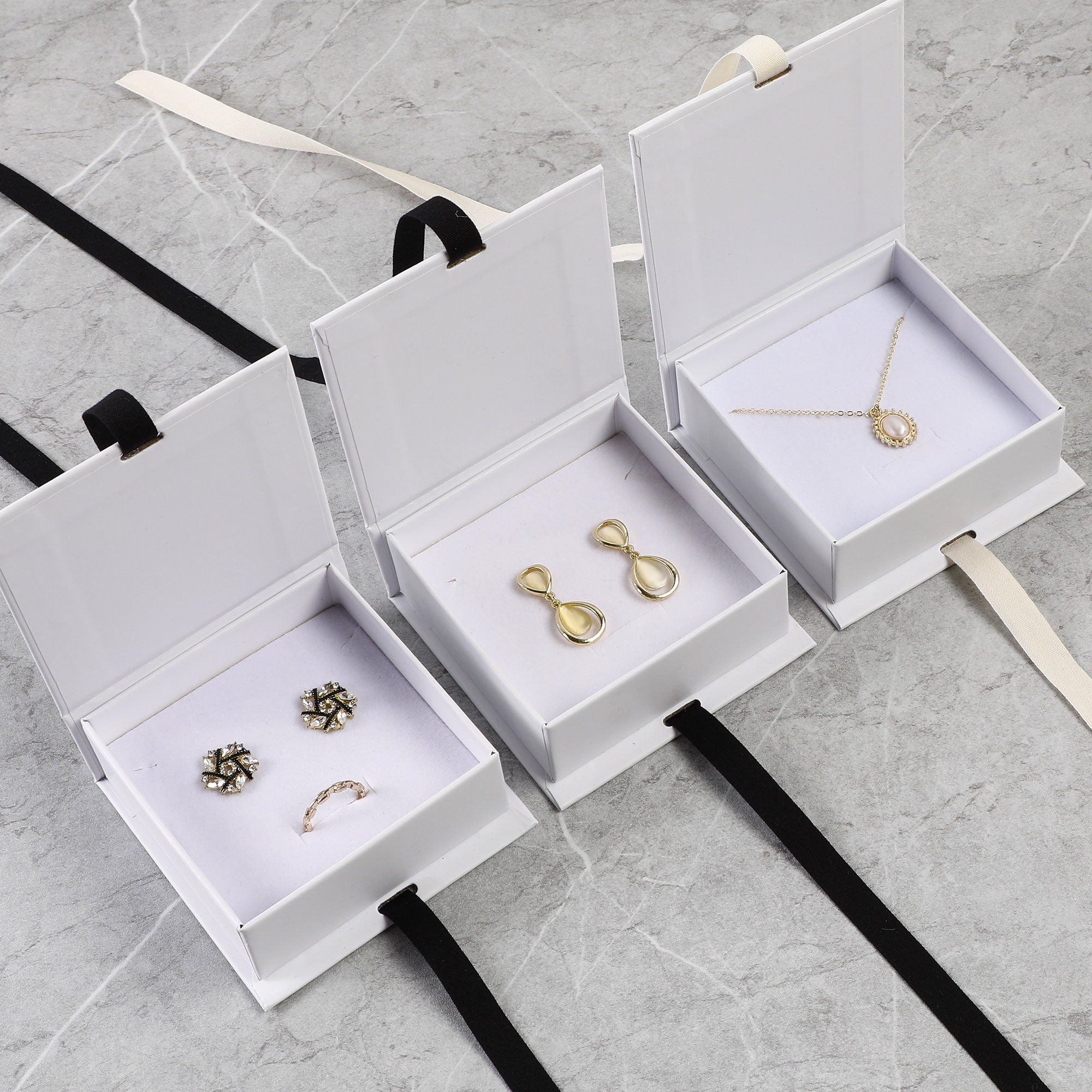 50 White Ribbon Gift Boxes: Custom Logo Jewelry Packaging