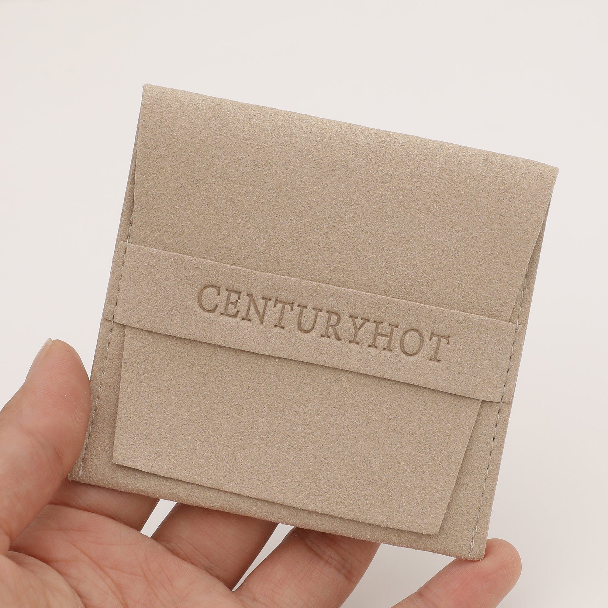 Customized Khaki Microfiber Jewelry Bags, Embossed Logo
