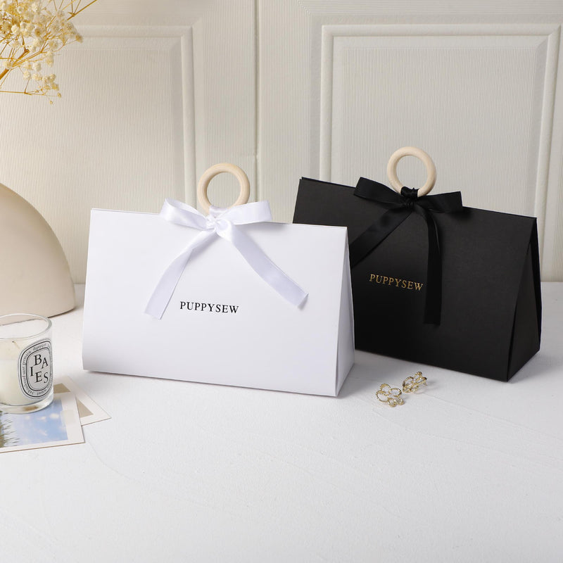 Elegant Wedding Favor Bags, Wood Ring Handles, Ribbon Bows (22x13x7.5cm)-zoom-