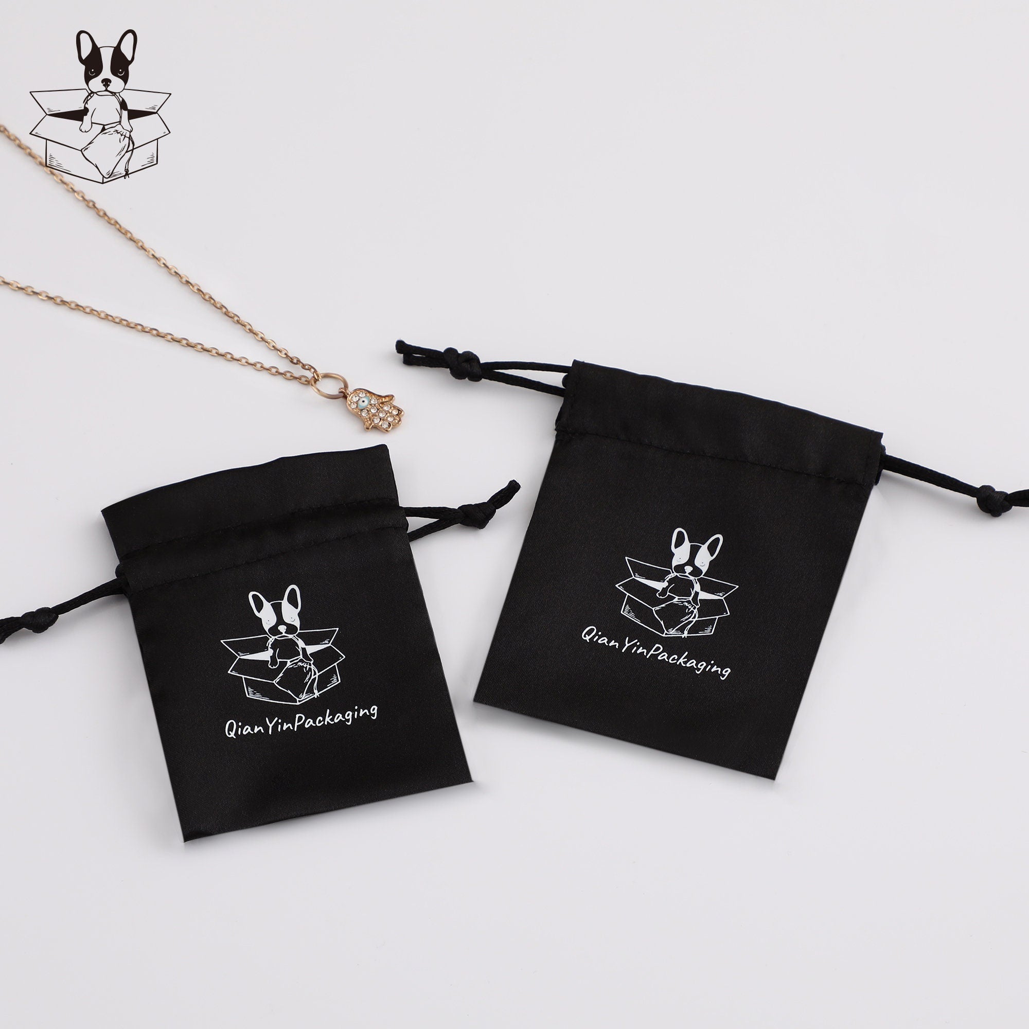 Personalized Black Satin Drawstring Bag, Custom Logo Jewelry Pouch-zoom-8