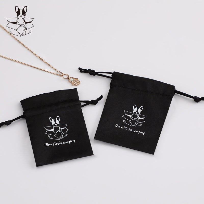 Personalized Black Satin Drawstring Bag, Custom Logo Jewelry Pouch-zoom-