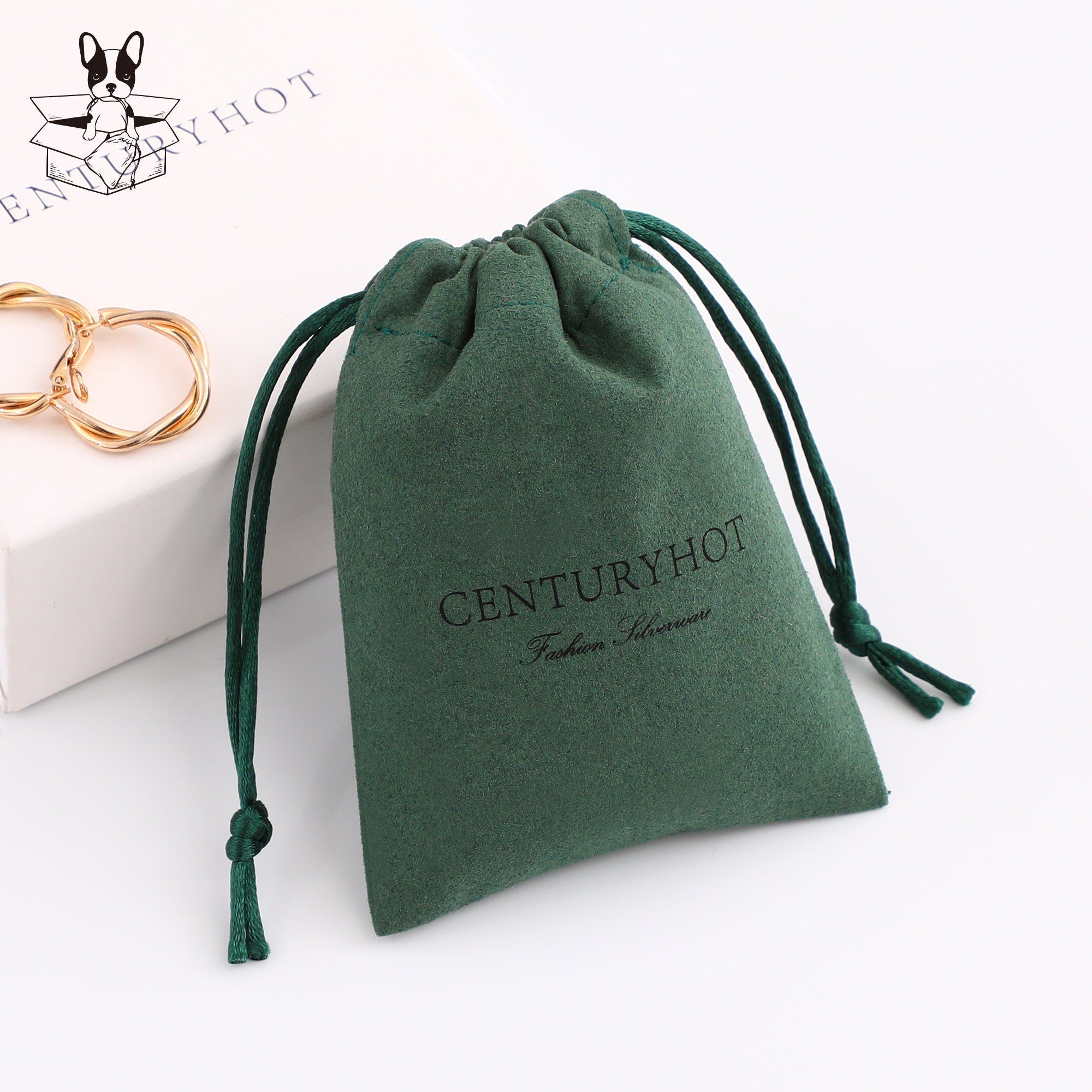 50 Green Microfiber Personalized Logo Drawstring Bags, Custom Jewelry Packaging